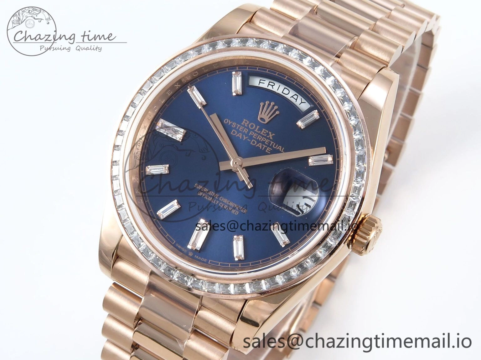 GoAnywhere DayDate 40 RG QF 1:1 Best Edition Blue Crystal Dial Diamonds Bezel on President Bracelet A2836 V5 (Gain Weight) 472