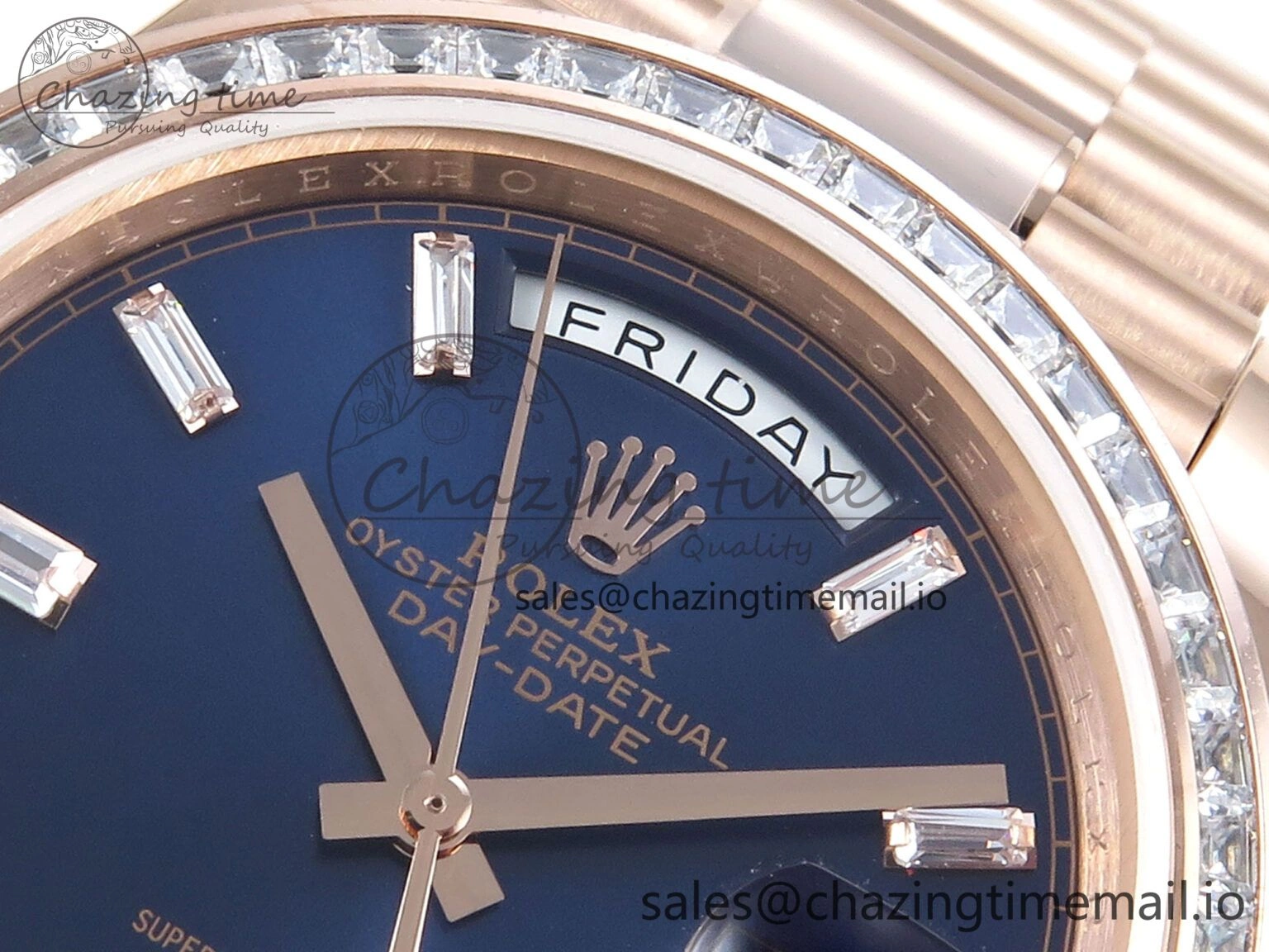 GoAnywhere DayDate 40 RG QF 1:1 Best Edition Blue Crystal Dial Diamonds Bezel on President Bracelet A2836 V5 (Gain Weight) 472