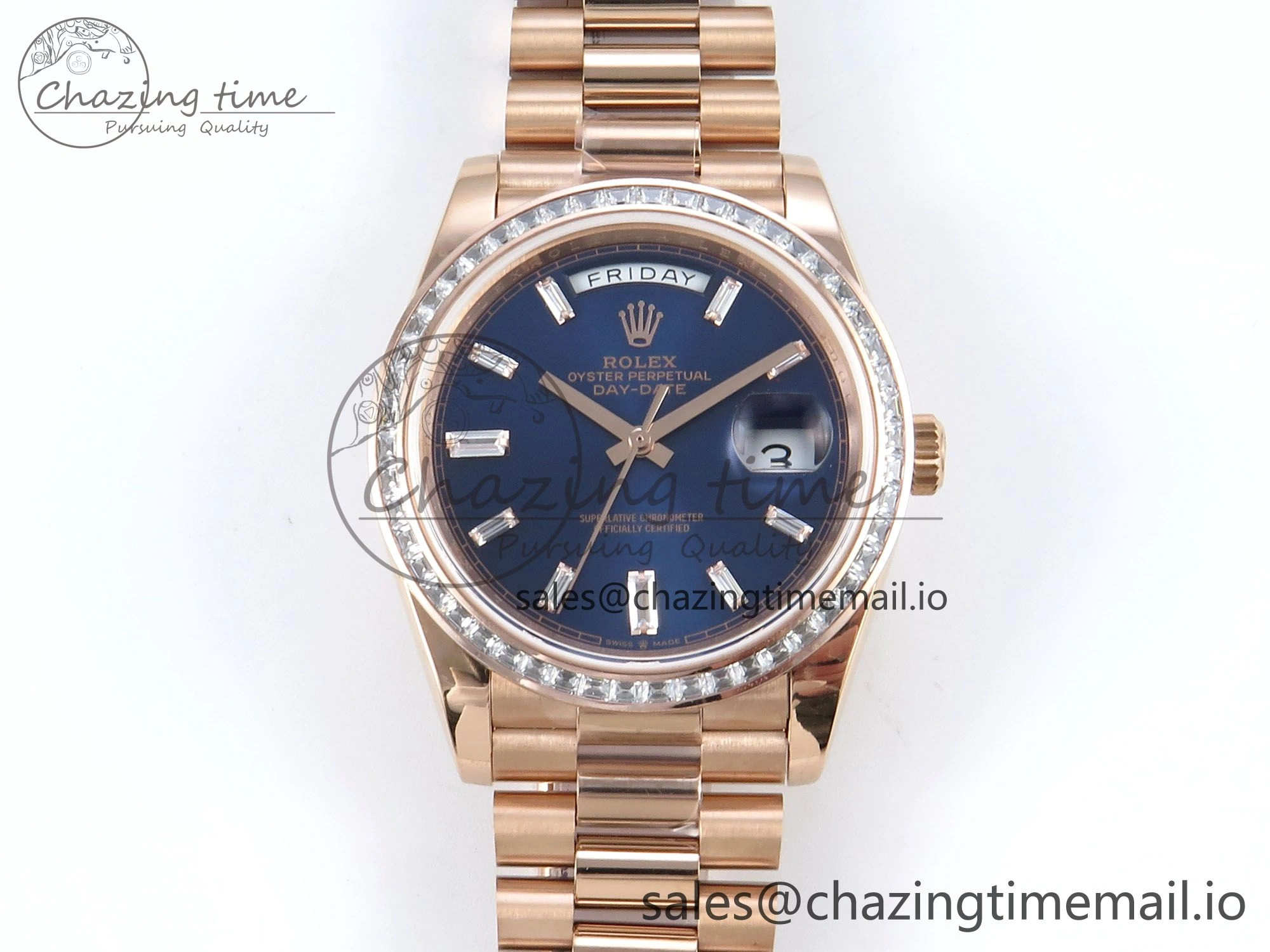 GoAnywhere DayDate 40 RG QF 1:1 Best Edition Blue Crystal Dial Diamonds Bezel on President Bracelet A2836 V5 (Gain Weight) 472