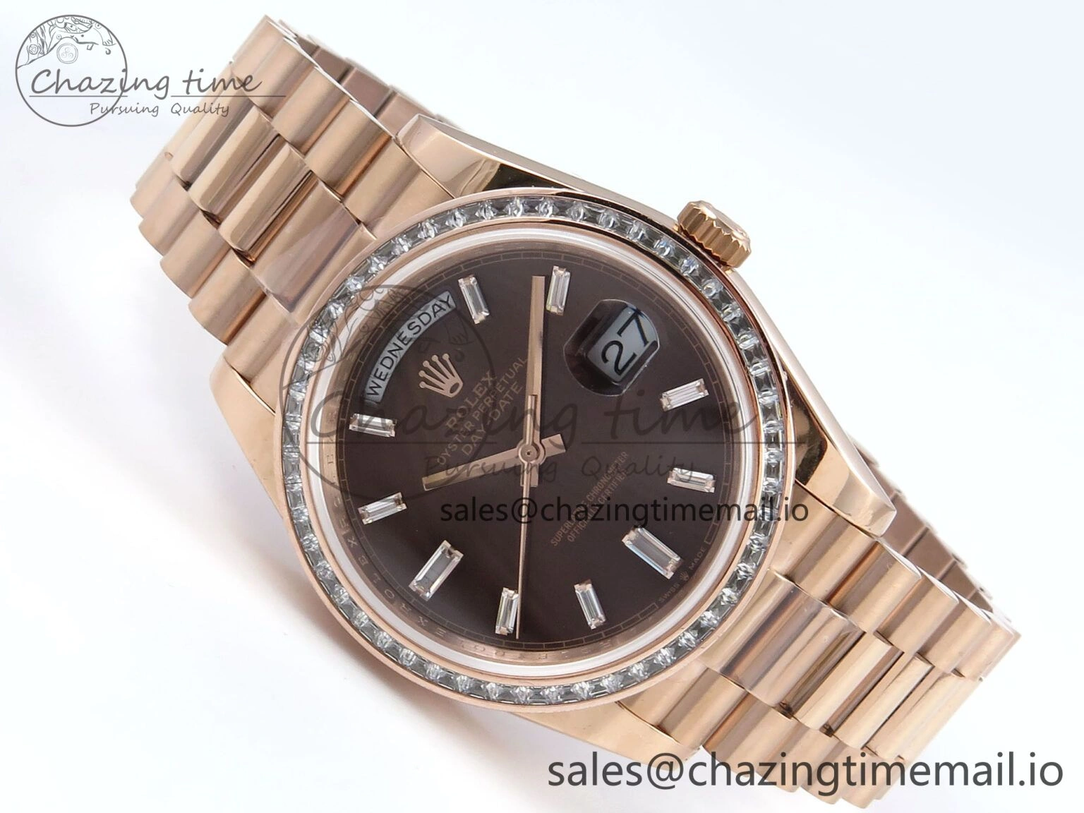 ZeroBulk DayDate 40 RG QF 1:1 Best Edition Brown Crystal Dial Diamonds Bezel on President Bracelet A2836 V5 (Gain Weight) 474