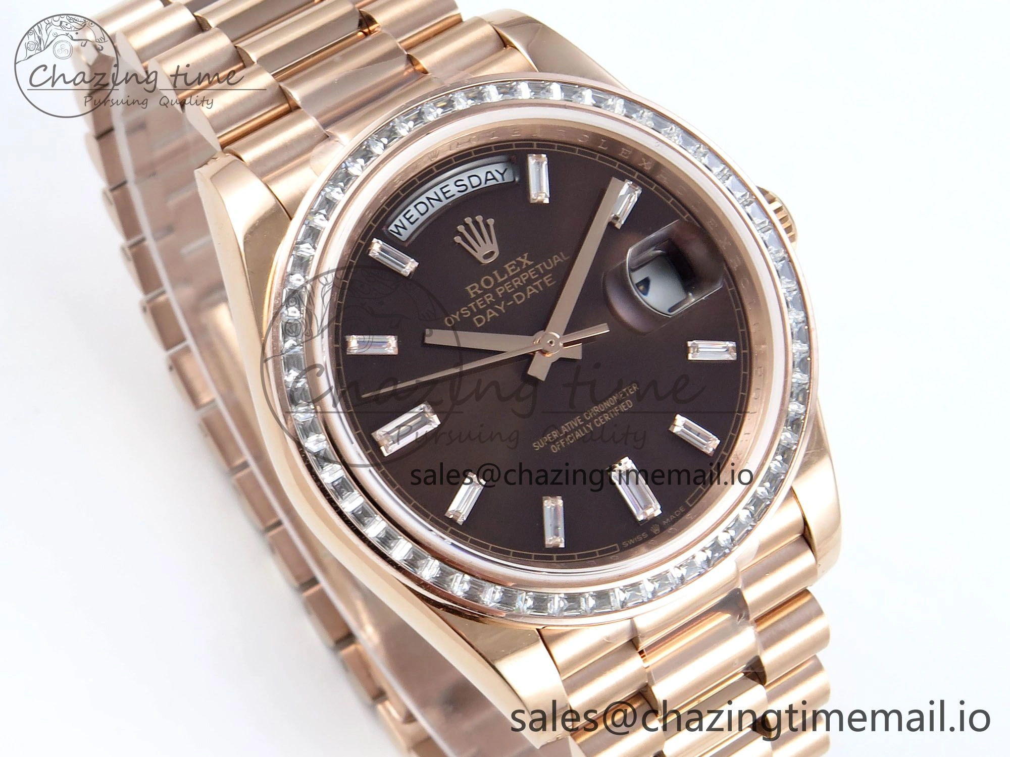 ZeroBulk DayDate 40 RG QF 1:1 Best Edition Brown Crystal Dial Diamonds Bezel on President Bracelet A2836 V5 (Gain Weight) 474