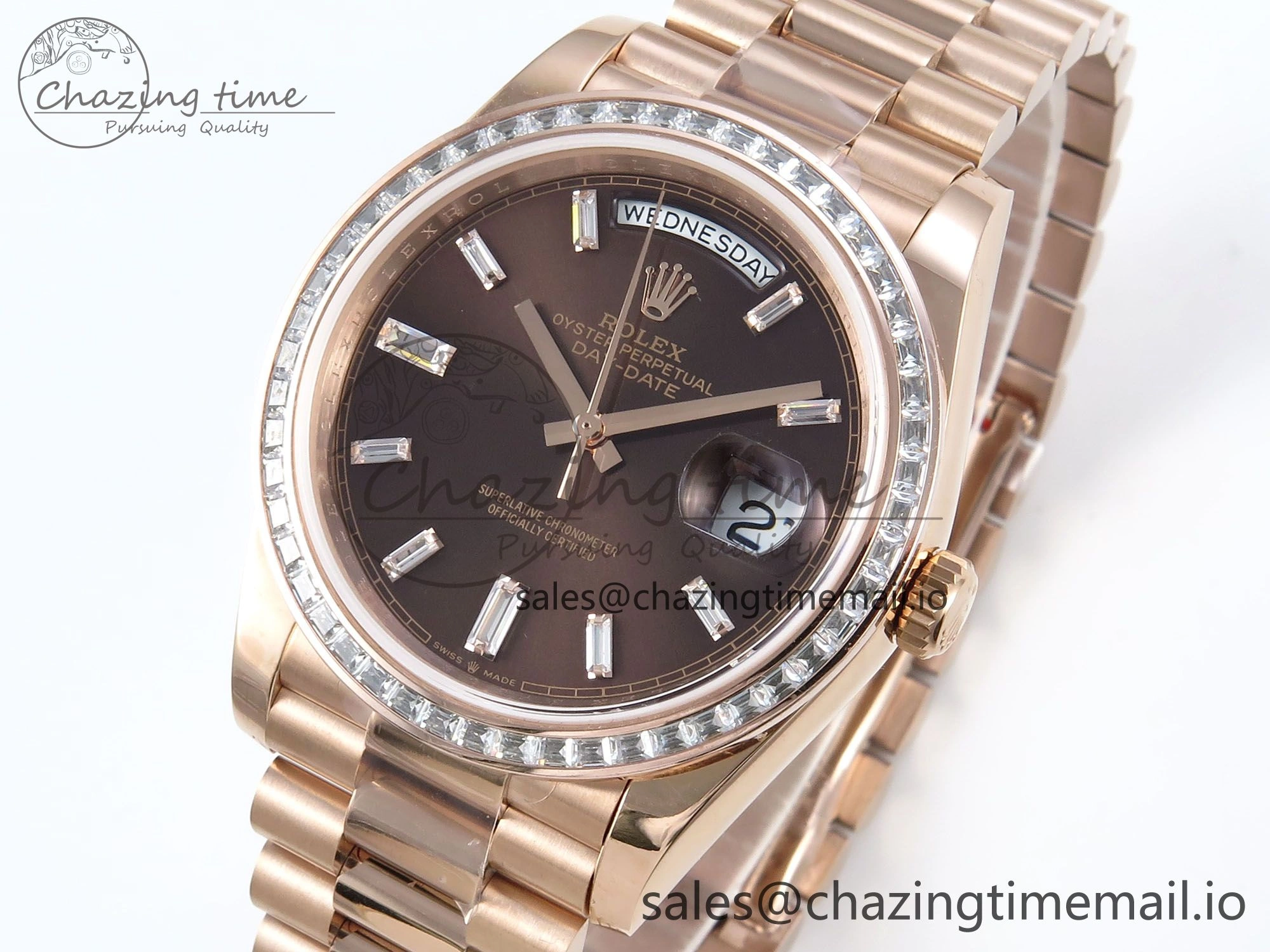 ZeroBulk DayDate 40 RG QF 1:1 Best Edition Brown Crystal Dial Diamonds Bezel on President Bracelet A2836 V5 (Gain Weight) 474