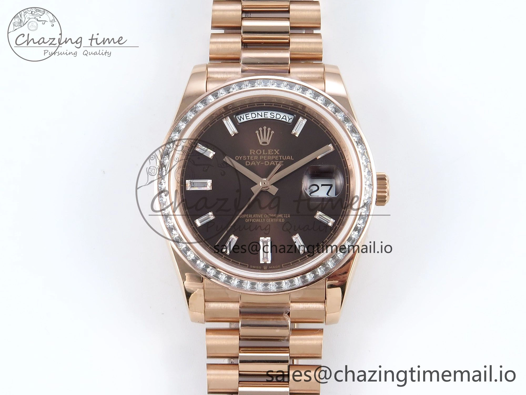 ZeroBulk DayDate 40 RG QF 1:1 Best Edition Brown Crystal Dial Diamonds Bezel on President Bracelet A2836 V5 (Gain Weight) 474