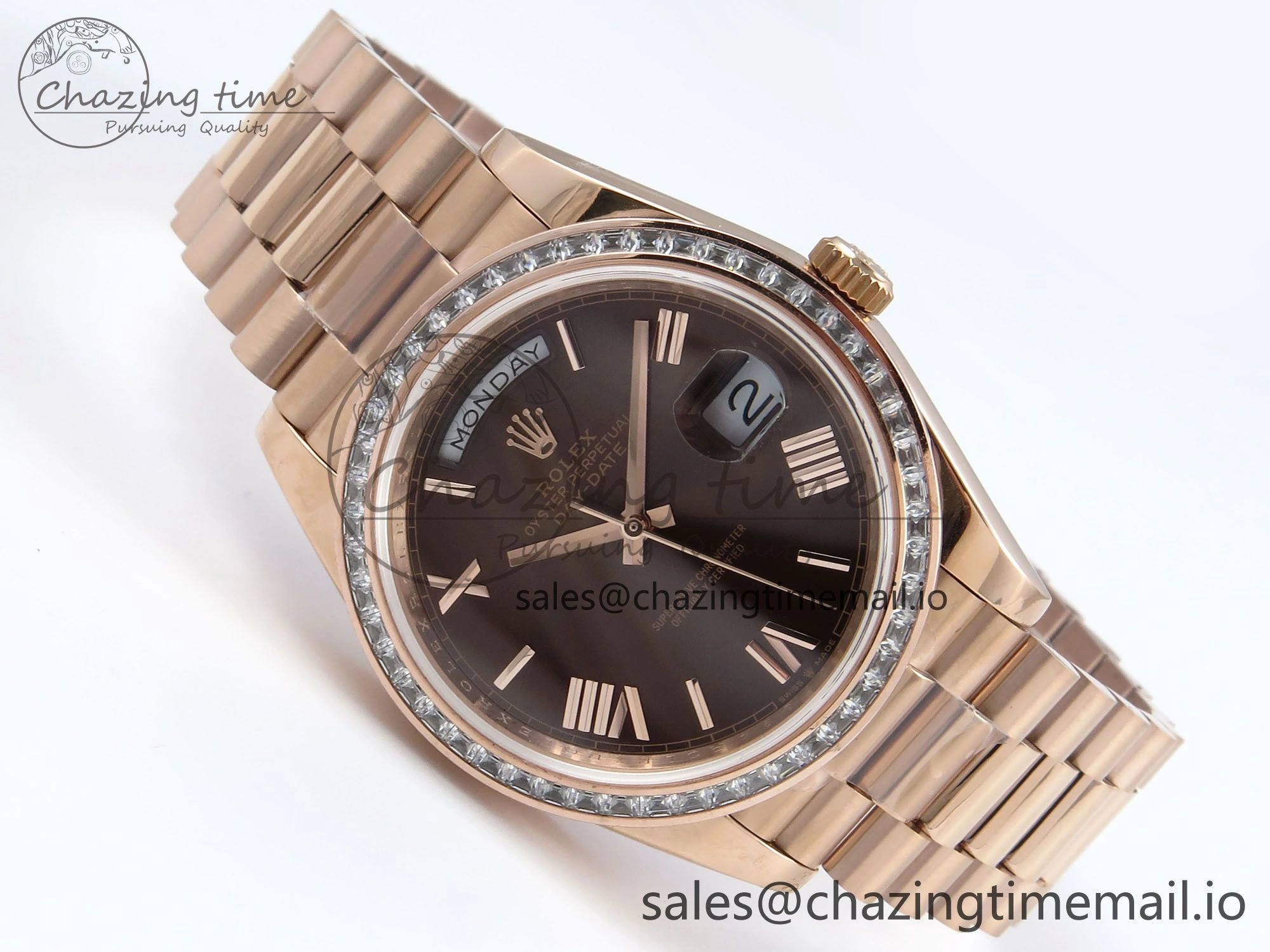 DayDate 40 RG QF 1:1 Best Edition Brown Roman Dial Diamonds Bezel on President Bracelet A2836 V5 (Gain Weight) Efficient 475