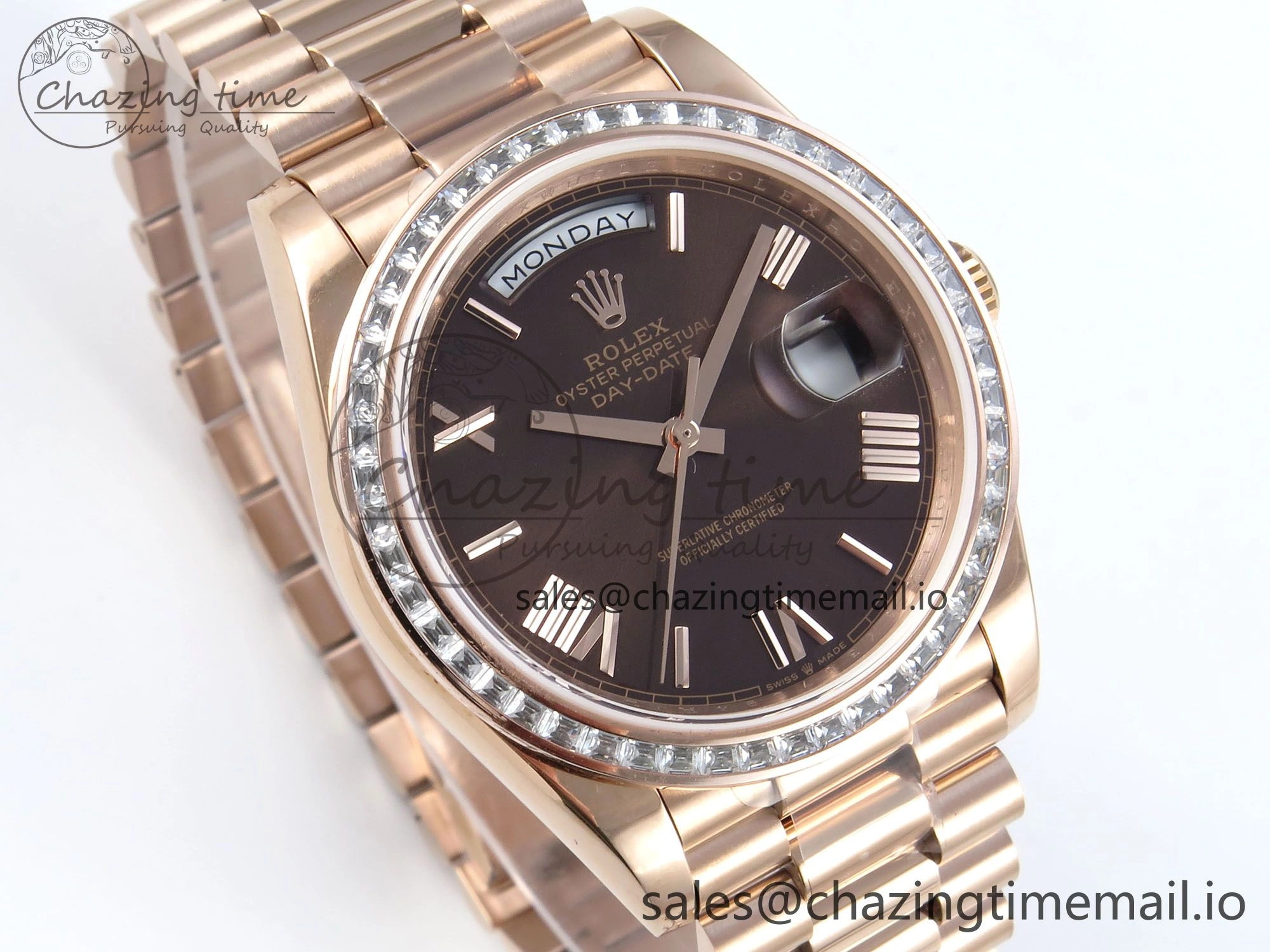 DayDate 40 RG QF 1:1 Best Edition Brown Roman Dial Diamonds Bezel on President Bracelet A2836 V5 (Gain Weight) Efficient 475