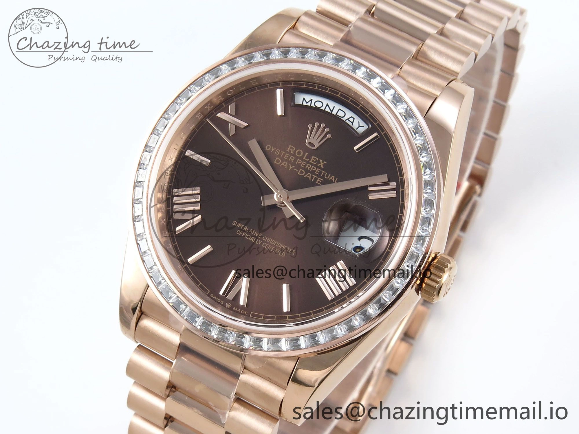 DayDate 40 RG QF 1:1 Best Edition Brown Roman Dial Diamonds Bezel on President Bracelet A2836 V5 (Gain Weight) Efficient 475