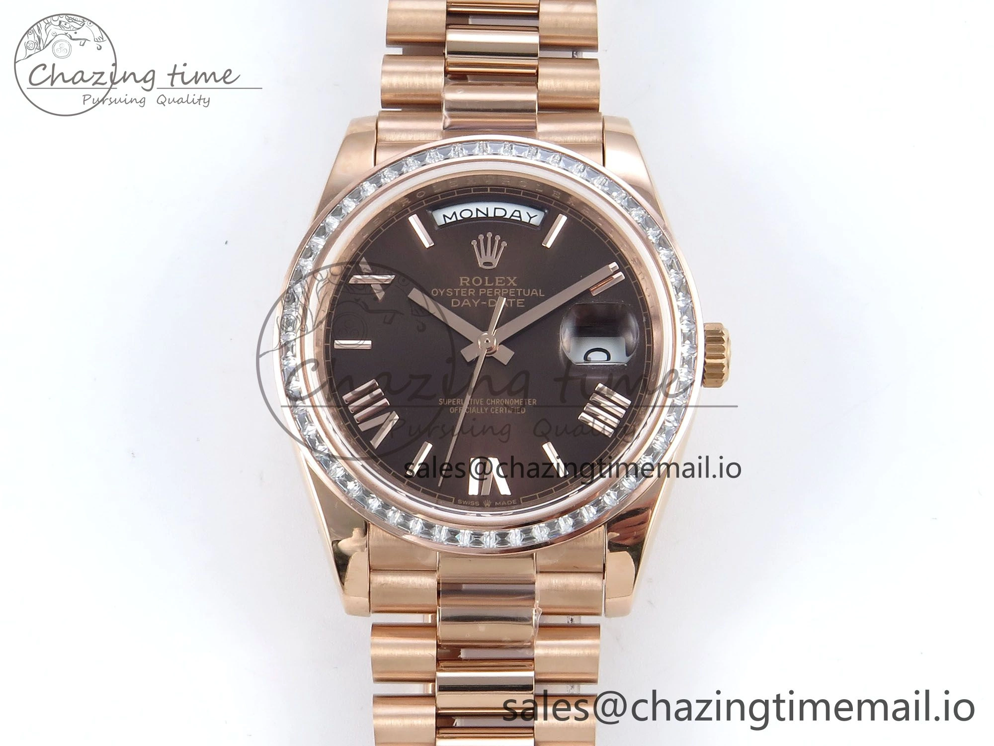 DayDate 40 RG QF 1:1 Best Edition Brown Roman Dial Diamonds Bezel on President Bracelet A2836 V5 (Gain Weight) Efficient 475
