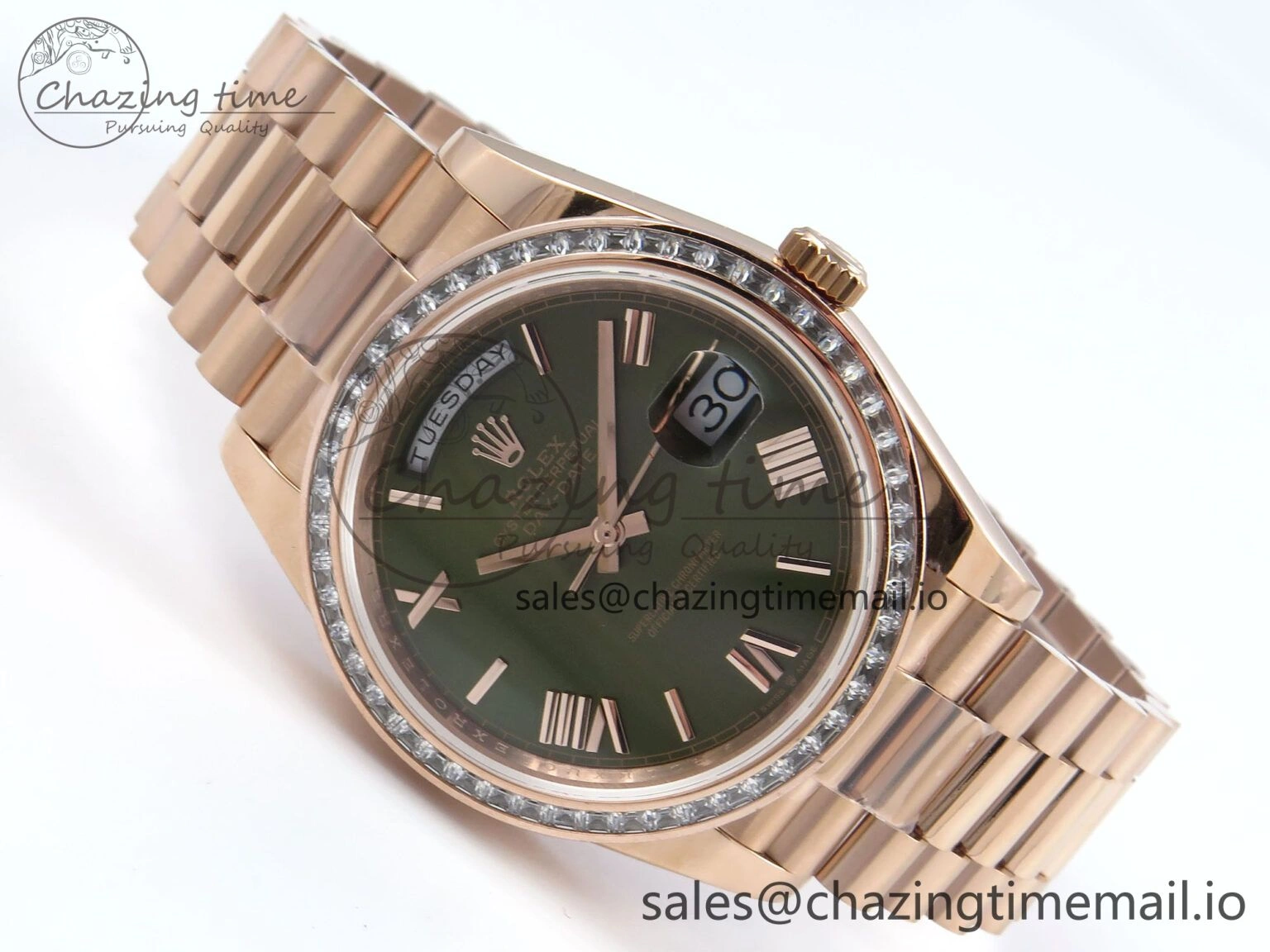 DayDate 40 RG QF 1:1 Best Edition Green Roman Dial Diamonds Bezel on President Bracelet A2836 V5 (Gain Weight) DailyWear 468