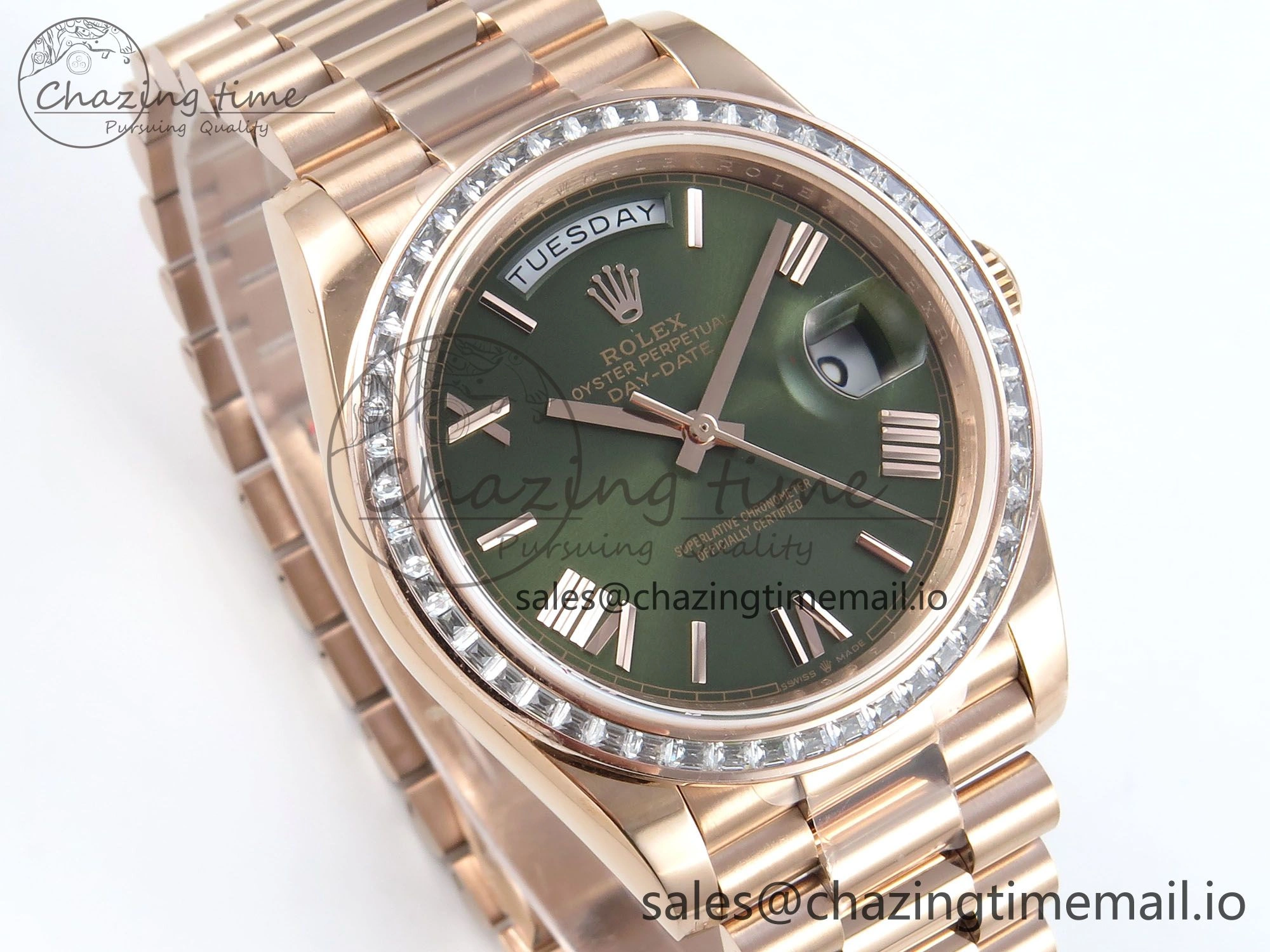 DayDate 40 RG QF 1:1 Best Edition Green Roman Dial Diamonds Bezel on President Bracelet A2836 V5 (Gain Weight) DailyWear 468