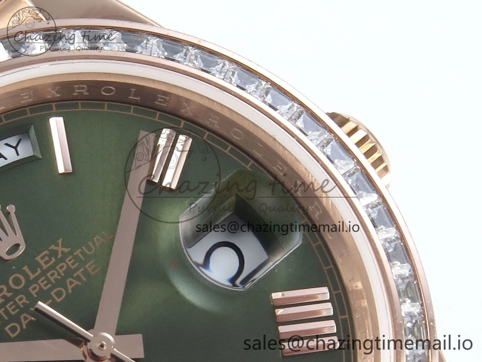 DayDate 40 RG QF 1:1 Best Edition Green Roman Dial Diamonds Bezel on President Bracelet A2836 V5 (Gain Weight) DailyWear 468