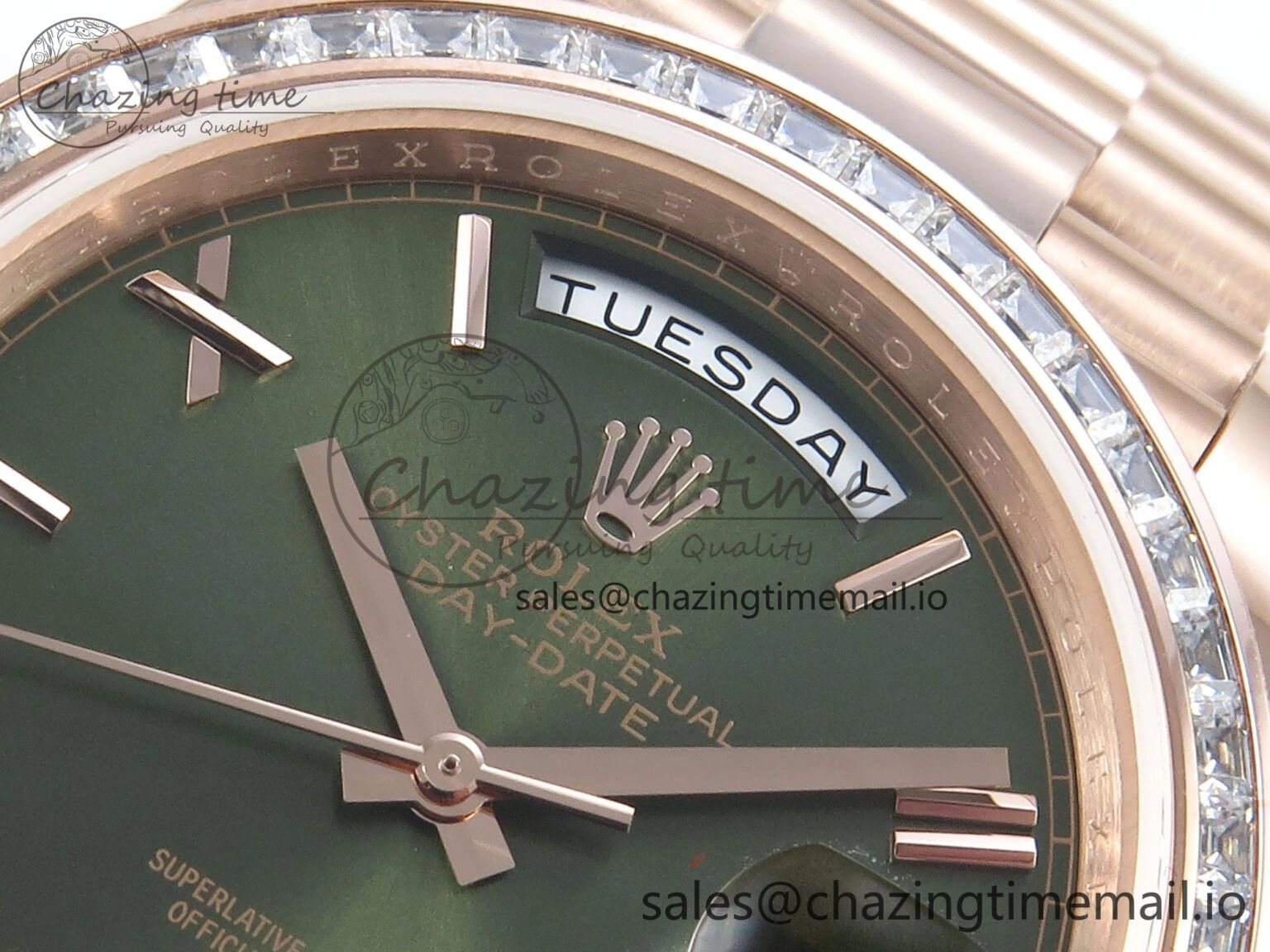DayDate 40 RG QF 1:1 Best Edition Green Roman Dial Diamonds Bezel on President Bracelet A2836 V5 (Gain Weight) DailyWear 468