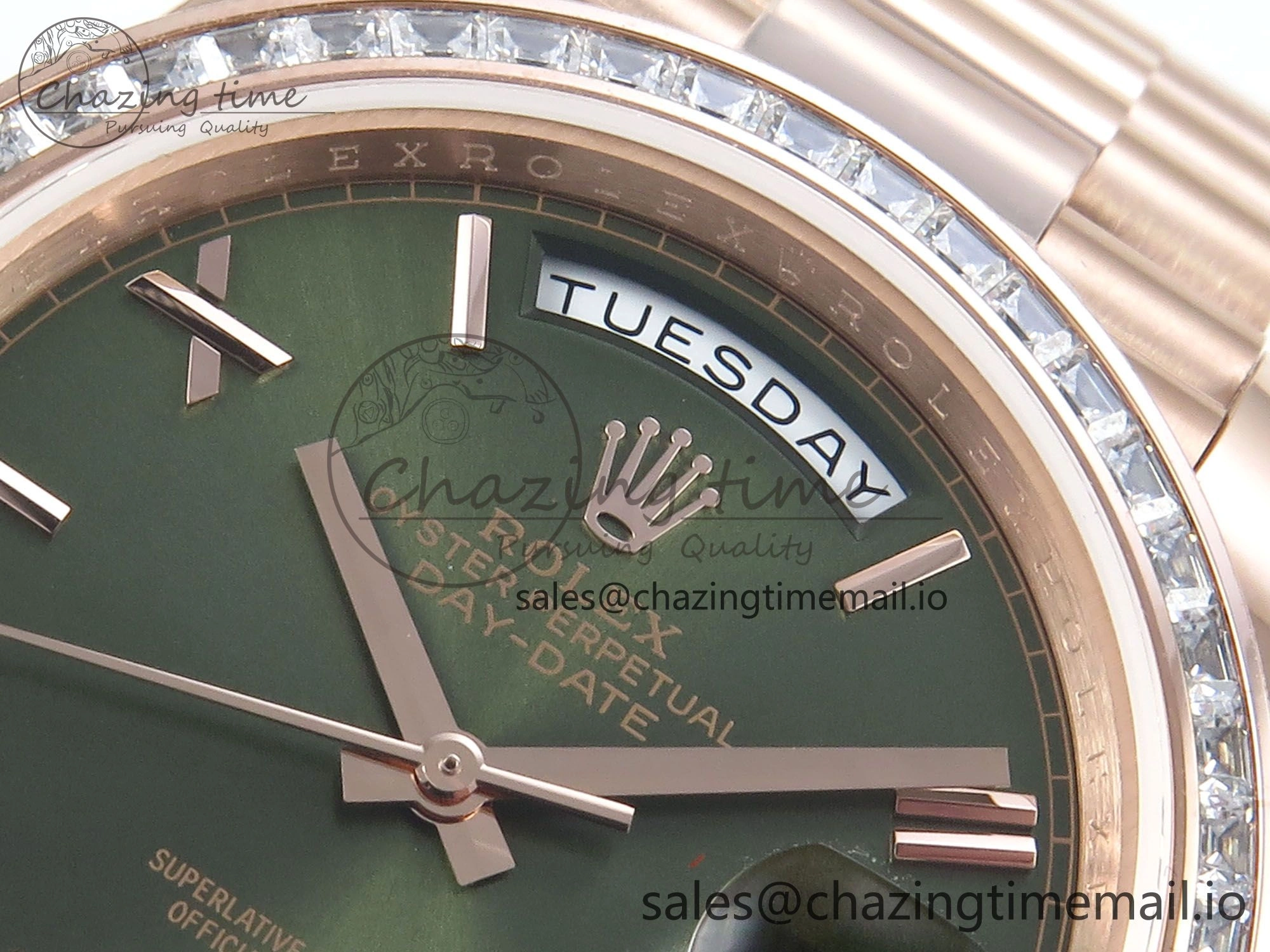 DayDate 40 RG QF 1:1 Best Edition Green Roman Dial Diamonds Bezel on President Bracelet A2836 V5 (Gain Weight) DailyWear 468