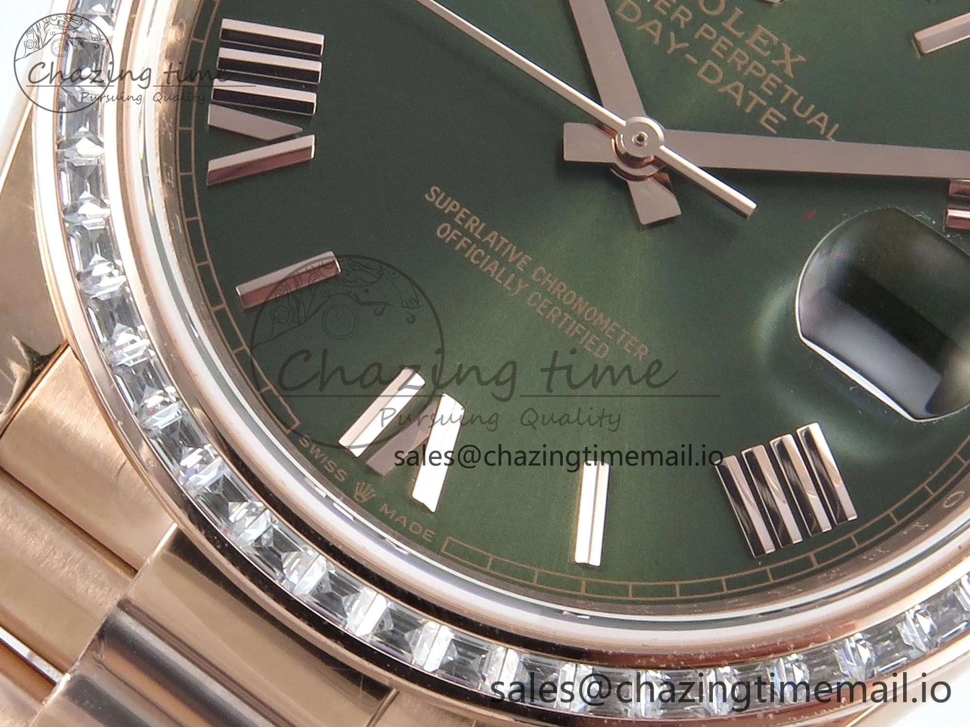 DayDate 40 RG QF 1:1 Best Edition Green Roman Dial Diamonds Bezel on President Bracelet A2836 V5 (Gain Weight) DailyWear 468