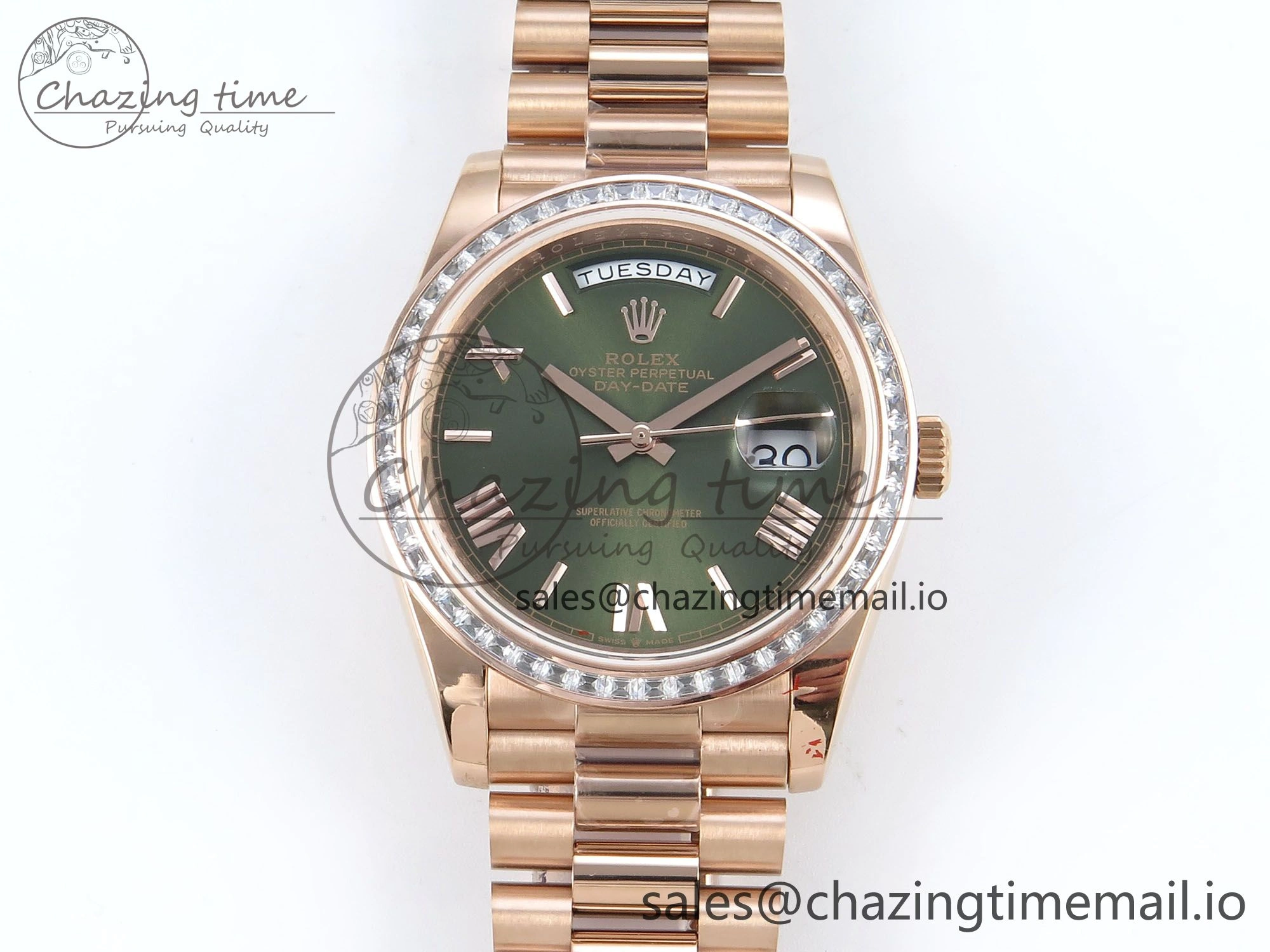 DayDate 40 RG QF 1:1 Best Edition Green Roman Dial Diamonds Bezel on President Bracelet A2836 V5 (Gain Weight) DailyWear 468