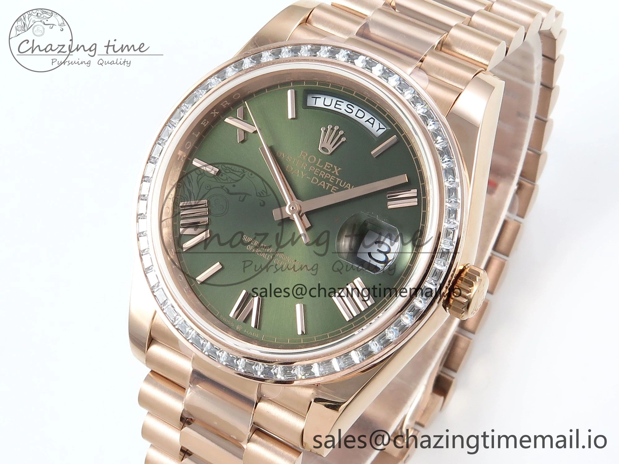 DayDate 40 RG QF 1:1 Best Edition Green Roman Dial Diamonds Bezel on President Bracelet A2836 V5 (Gain Weight) DailyWear 468