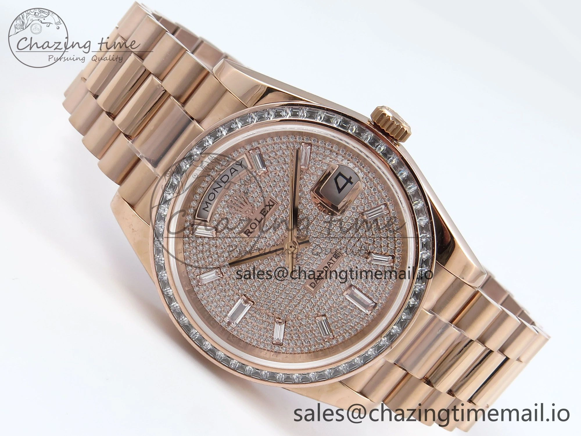 DayDate 40 RG QF 1:1 Best Edition RG Diamonds Dial Diamonds Bezel on President Bracelet A2836 V5 (Gain Weight) UrbanStyle 473