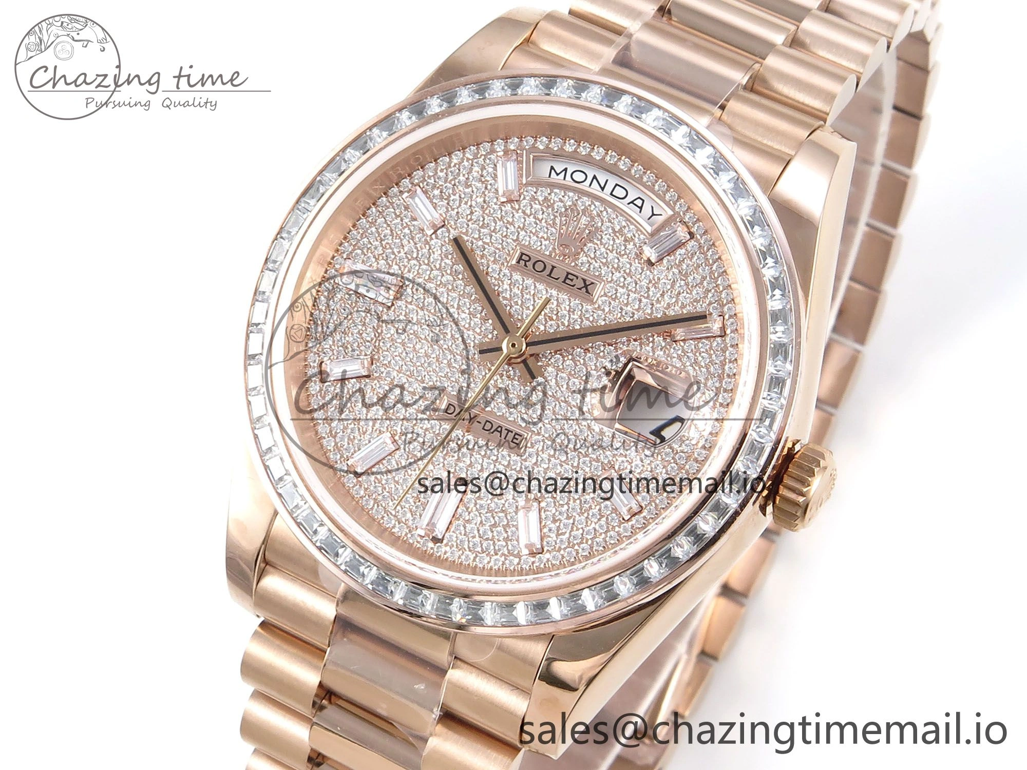 DayDate 40 RG QF 1:1 Best Edition RG Diamonds Dial Diamonds Bezel on President Bracelet A2836 V5 (Gain Weight) UrbanStyle 473