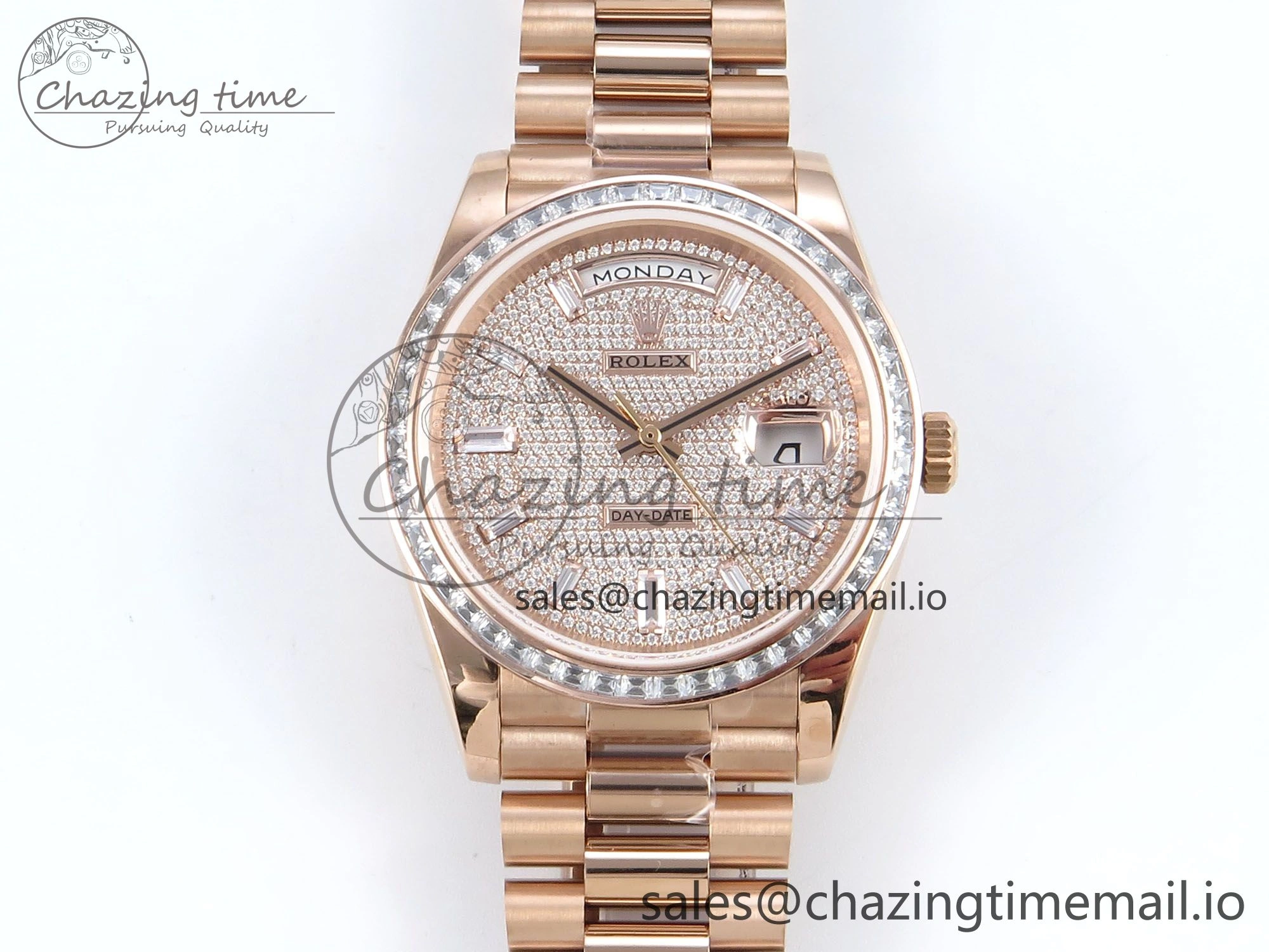 DayDate 40 RG QF 1:1 Best Edition RG Diamonds Dial Diamonds Bezel on President Bracelet A2836 V5 (Gain Weight) UrbanStyle 473