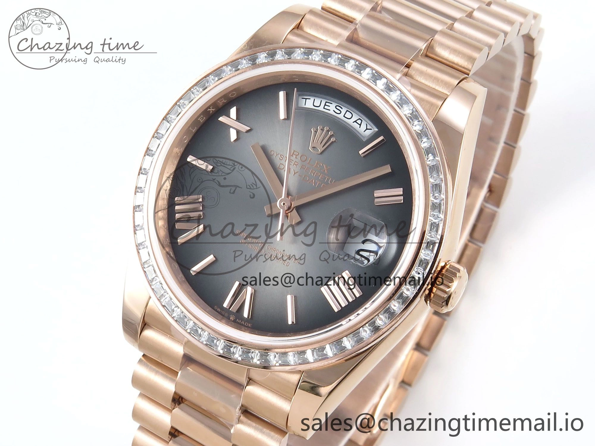 Popular DayDate 40 RG QF 1:1 Best Edition Slate Ombre Dial Diamonds Bezel on President Bracelet A2836 V5 (Gain Weight) 471