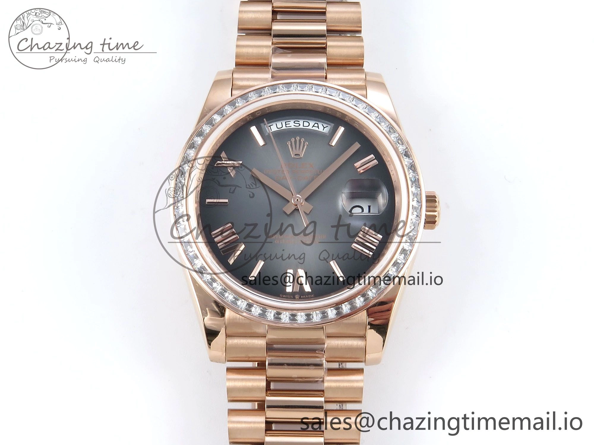Popular DayDate 40 RG QF 1:1 Best Edition Slate Ombre Dial Diamonds Bezel on President Bracelet A2836 V5 (Gain Weight) 471