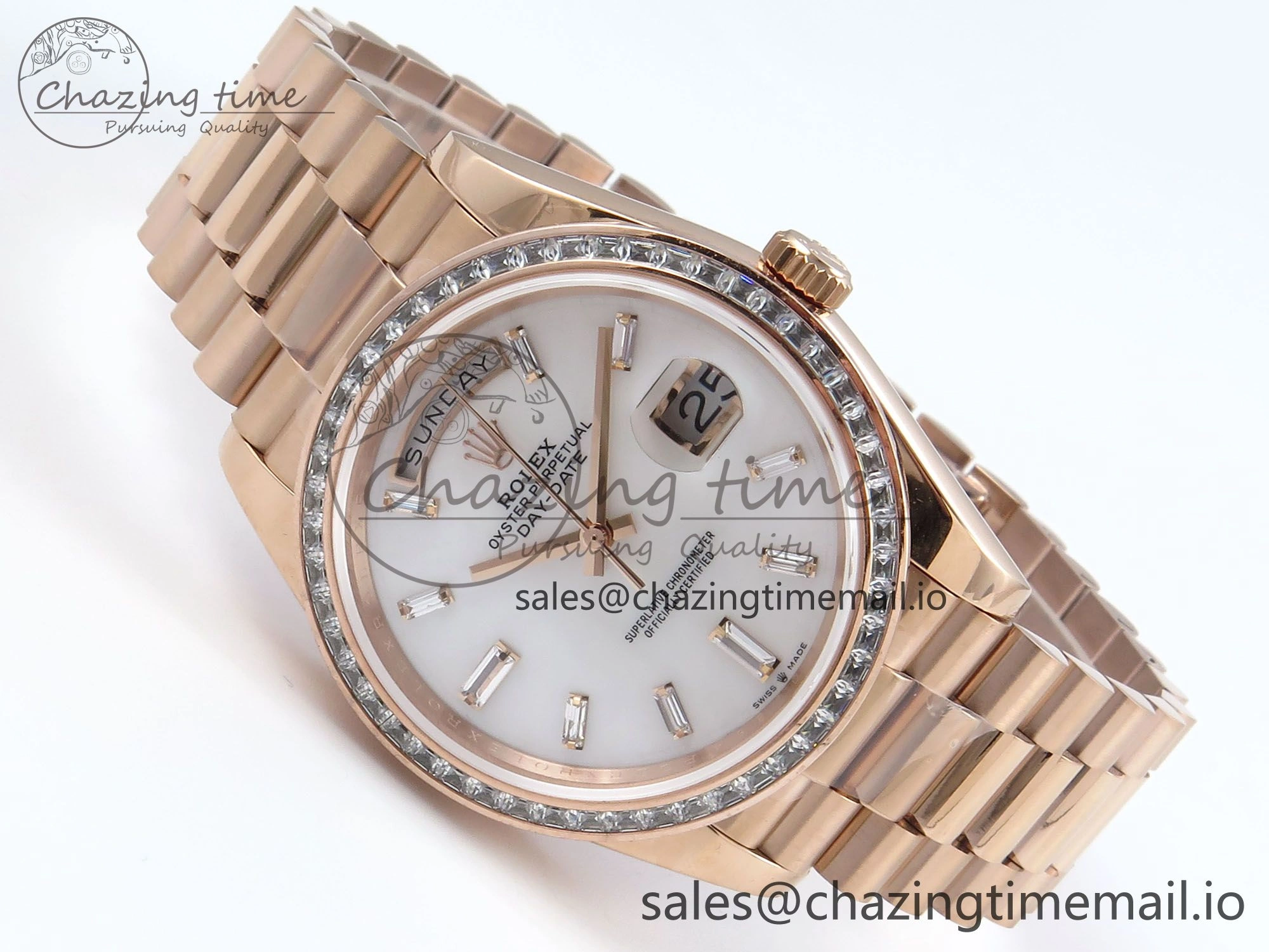 Timeless DayDate 40 RG QF 1:1 Best Edition White MOP Dial Diamonds Bezel on President Bracelet A2836 V5 (Gain Weight) 470