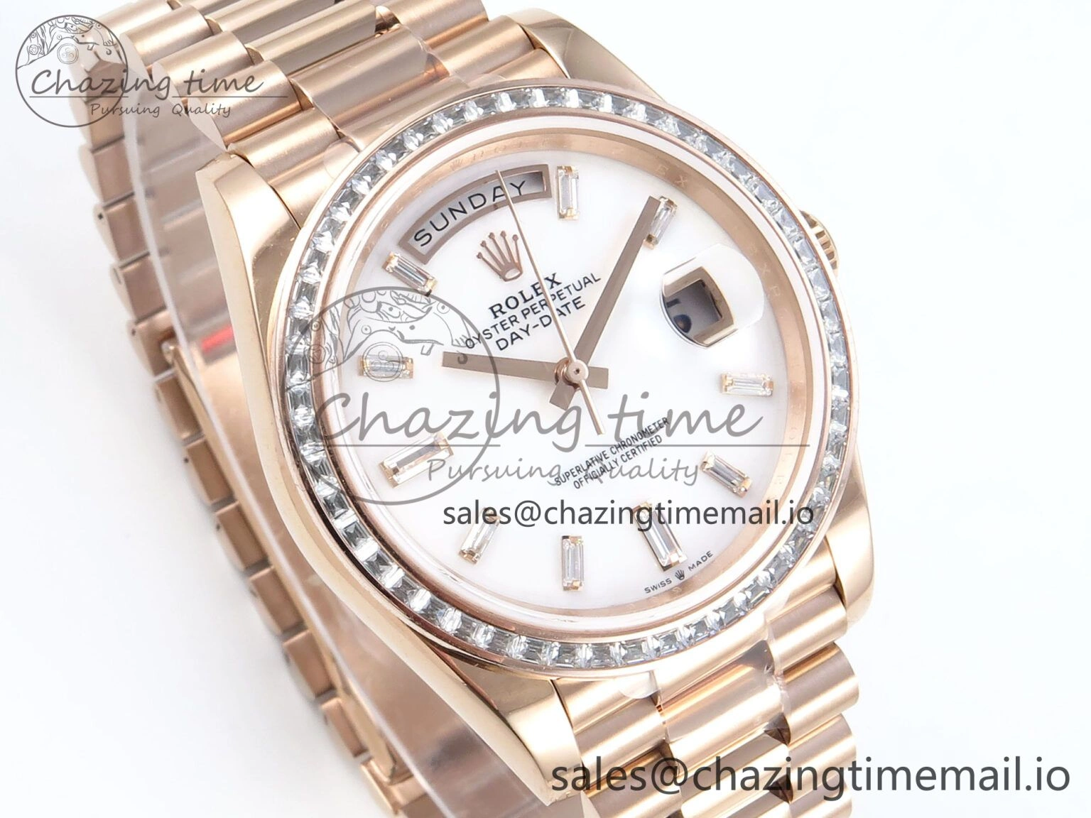 Timeless DayDate 40 RG QF 1:1 Best Edition White MOP Dial Diamonds Bezel on President Bracelet A2836 V5 (Gain Weight) 470