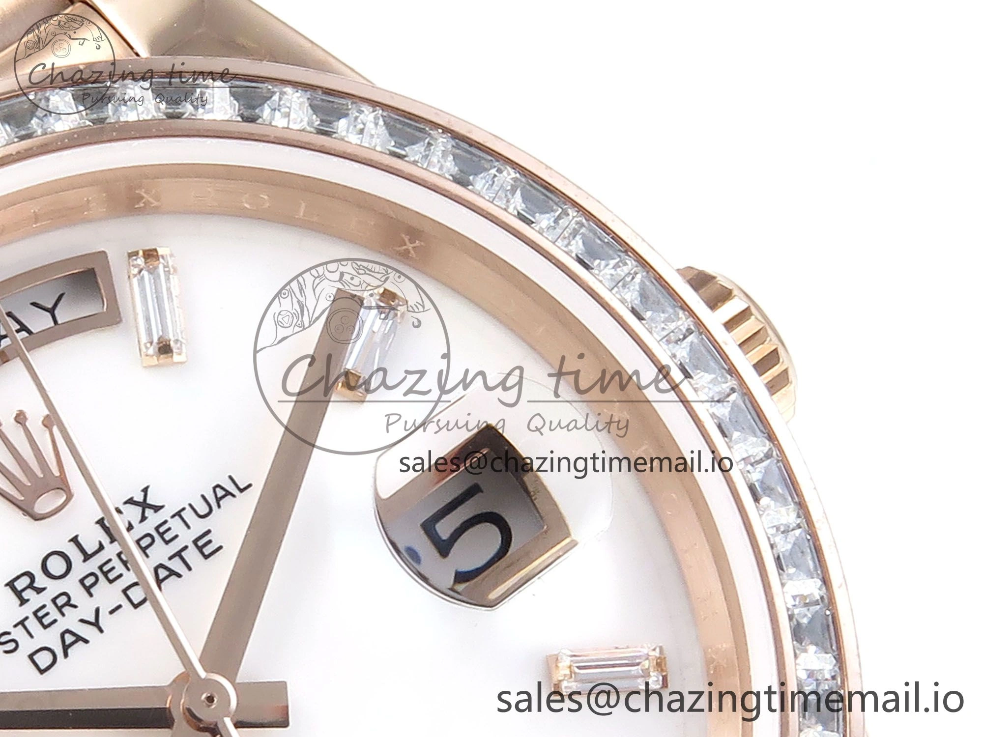 Timeless DayDate 40 RG QF 1:1 Best Edition White MOP Dial Diamonds Bezel on President Bracelet A2836 V5 (Gain Weight) 470