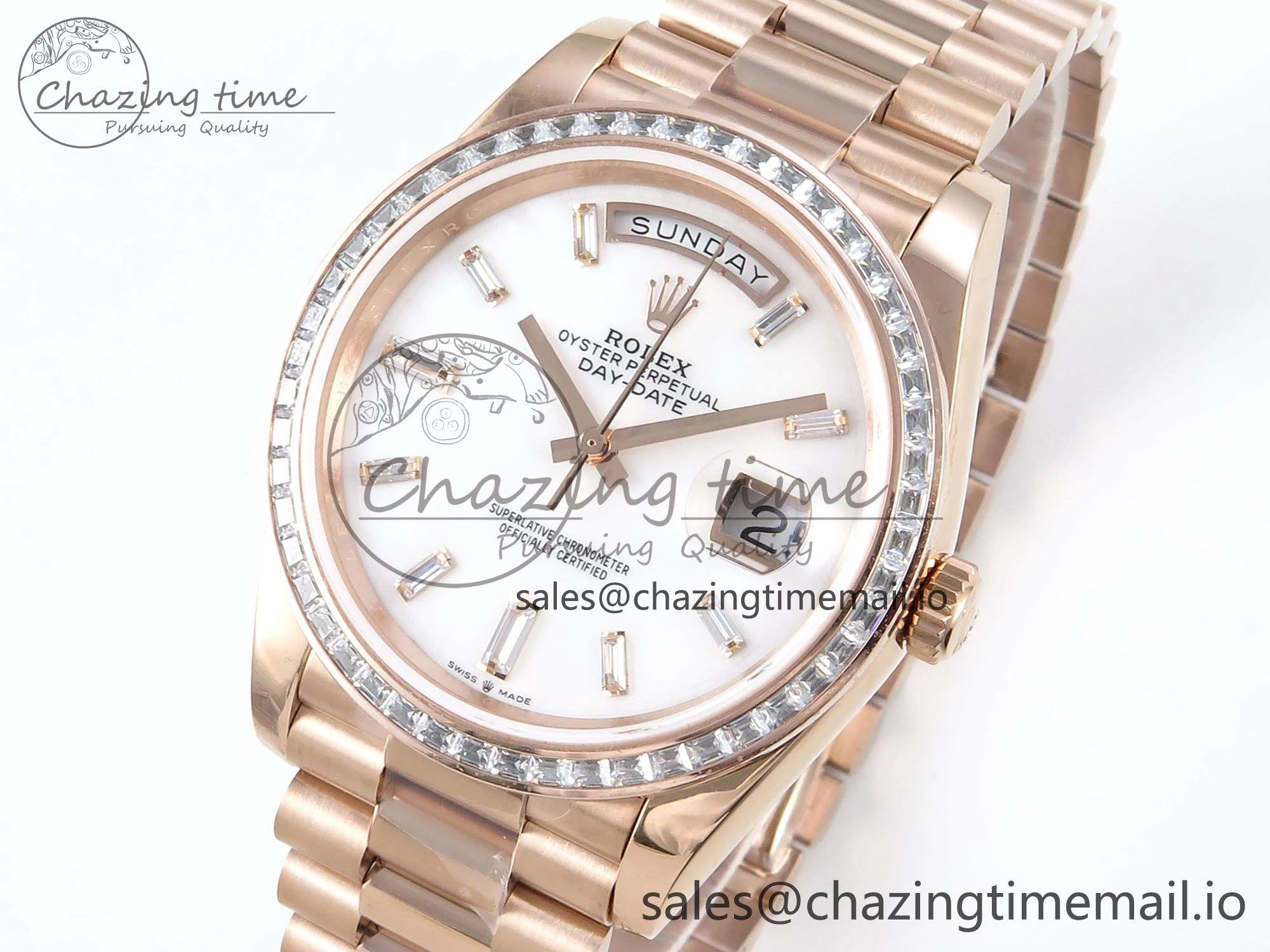 Timeless DayDate 40 RG QF 1:1 Best Edition White MOP Dial Diamonds Bezel on President Bracelet A2836 V5 (Gain Weight) 470