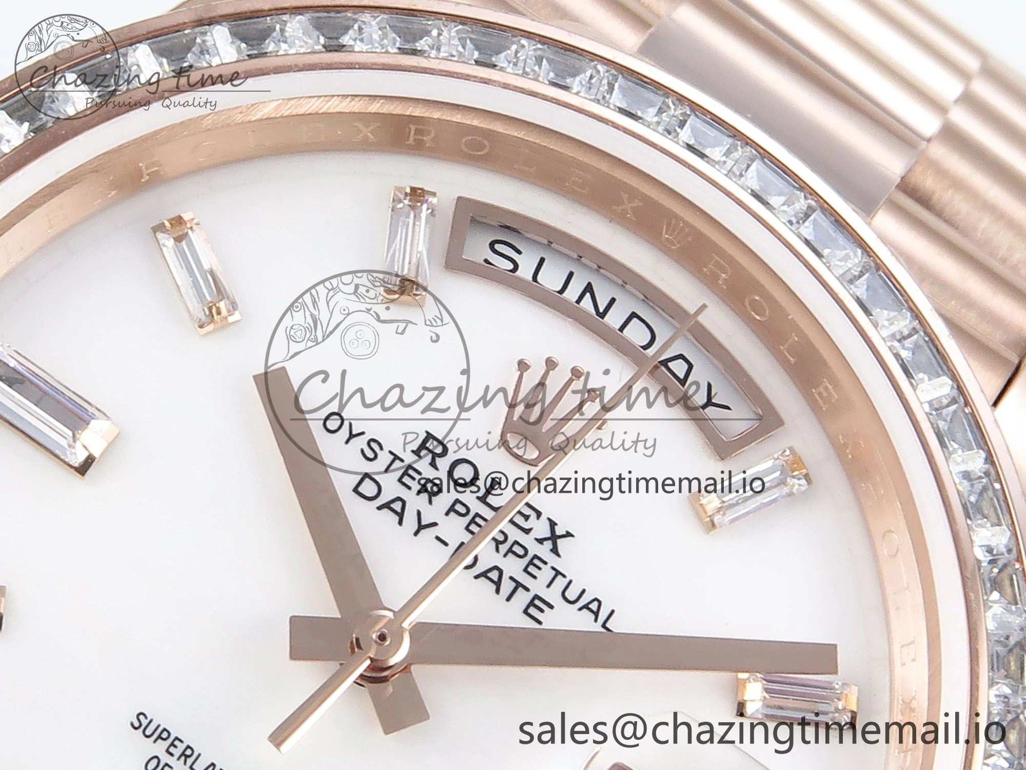 Timeless DayDate 40 RG QF 1:1 Best Edition White MOP Dial Diamonds Bezel on President Bracelet A2836 V5 (Gain Weight) 470