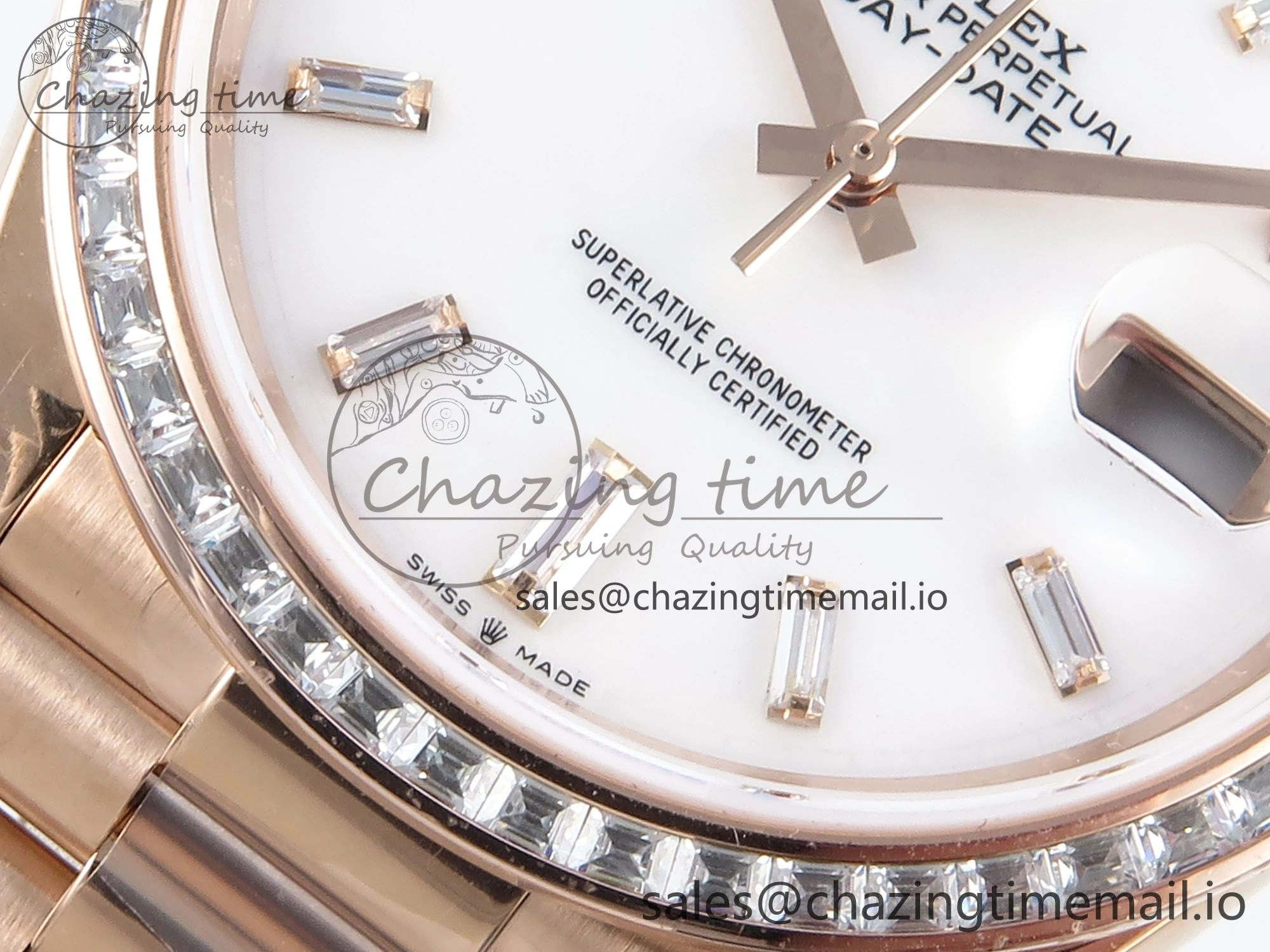 Timeless DayDate 40 RG QF 1:1 Best Edition White MOP Dial Diamonds Bezel on President Bracelet A2836 V5 (Gain Weight) 470