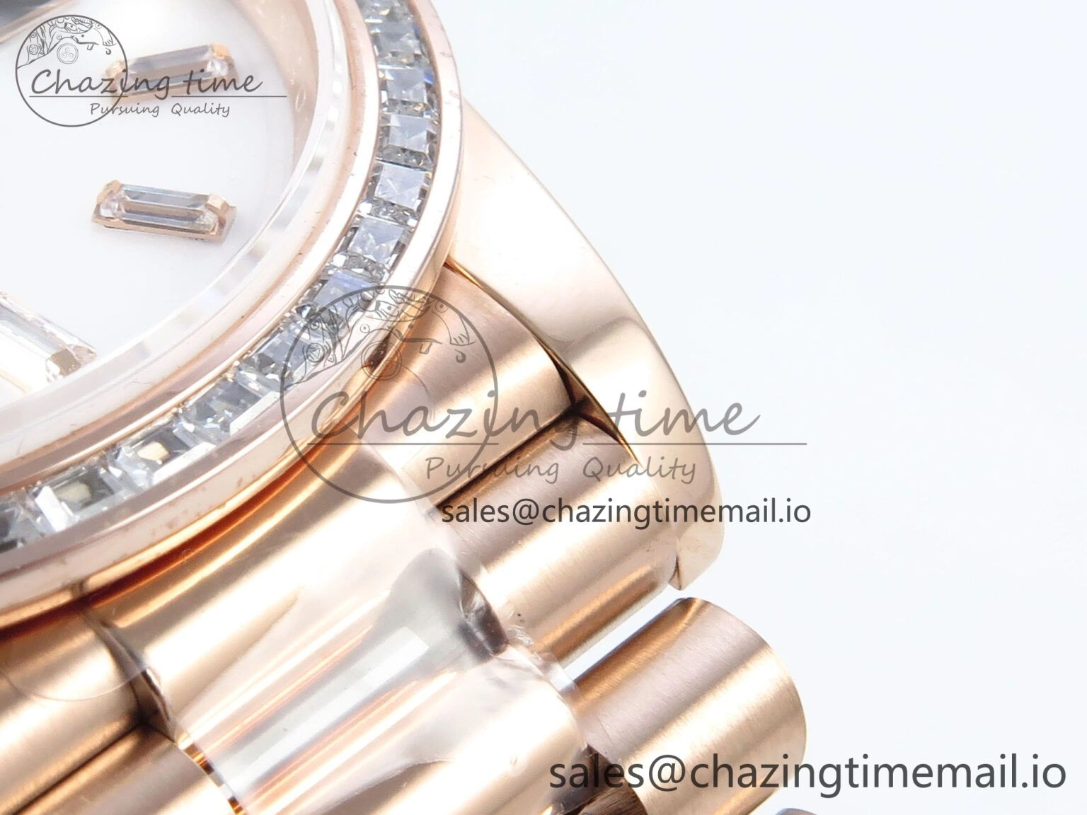 Timeless DayDate 40 RG QF 1:1 Best Edition White MOP Dial Diamonds Bezel on President Bracelet A2836 V5 (Gain Weight) 470