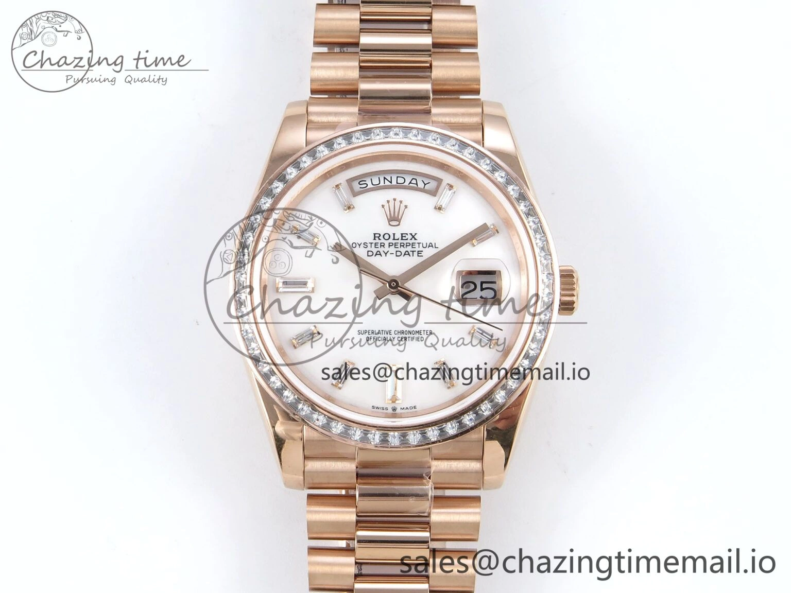 Timeless DayDate 40 RG QF 1:1 Best Edition White MOP Dial Diamonds Bezel on President Bracelet A2836 V5 (Gain Weight) 470