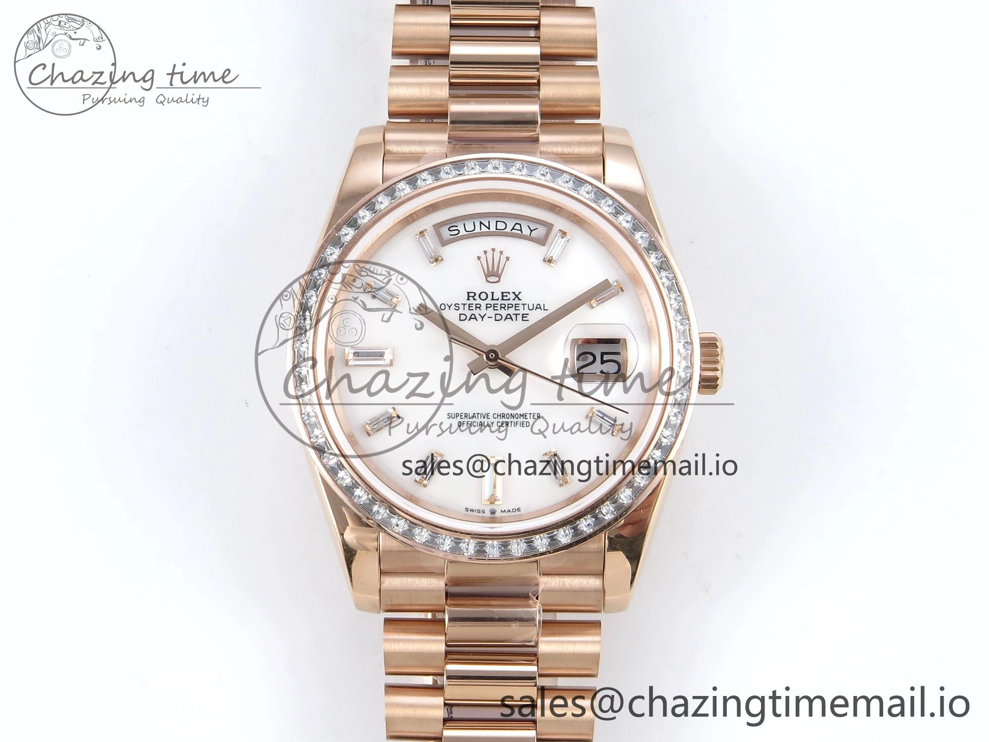 Timeless DayDate 40 RG QF 1:1 Best Edition White MOP Dial Diamonds Bezel on President Bracelet A2836 V5 (Gain Weight) 470