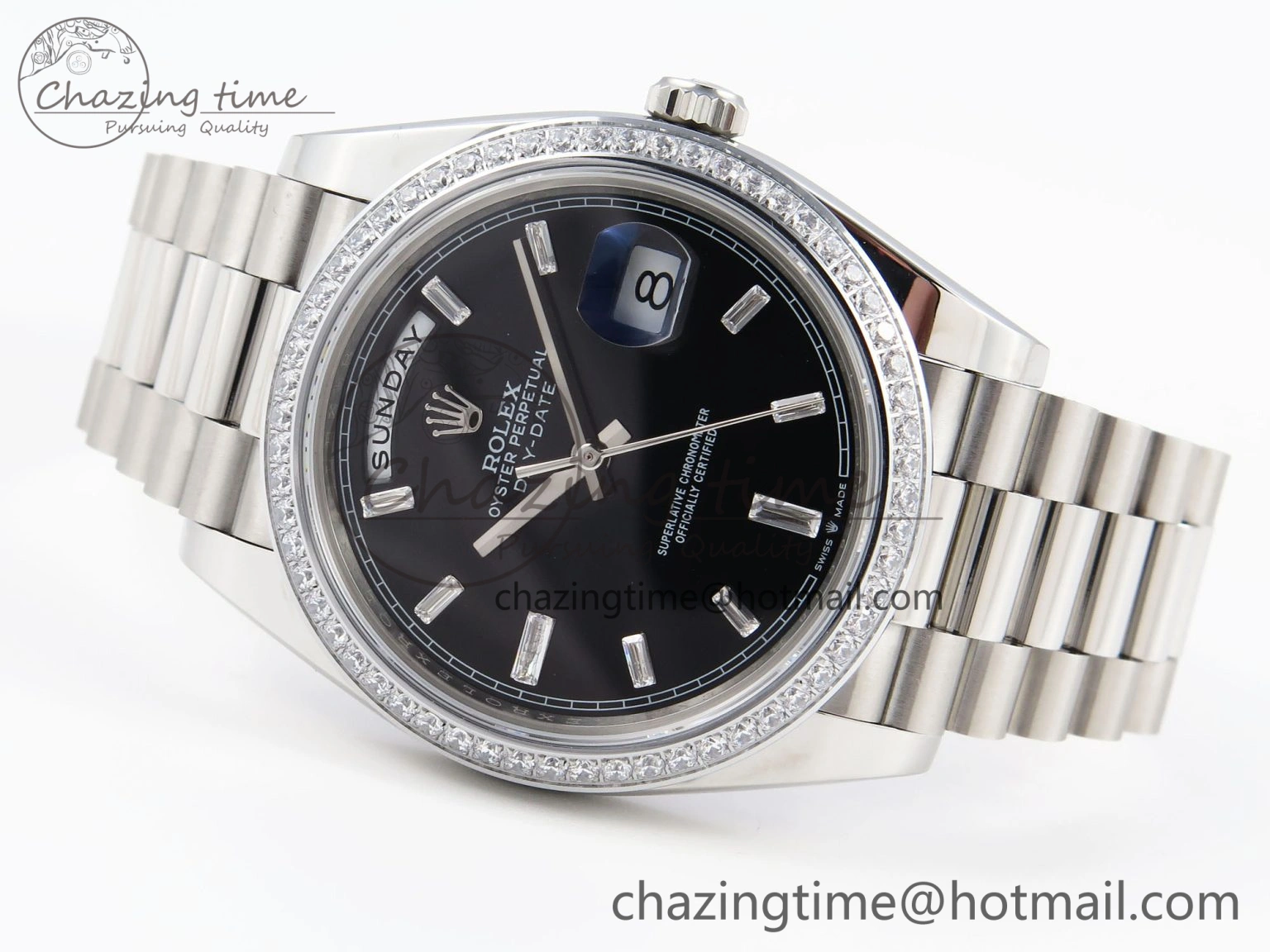 Fashionable DayDate 40 SS GSF Gain Weight Black Crystal Dial Diamonds Bezel on President Bracelet A 1929