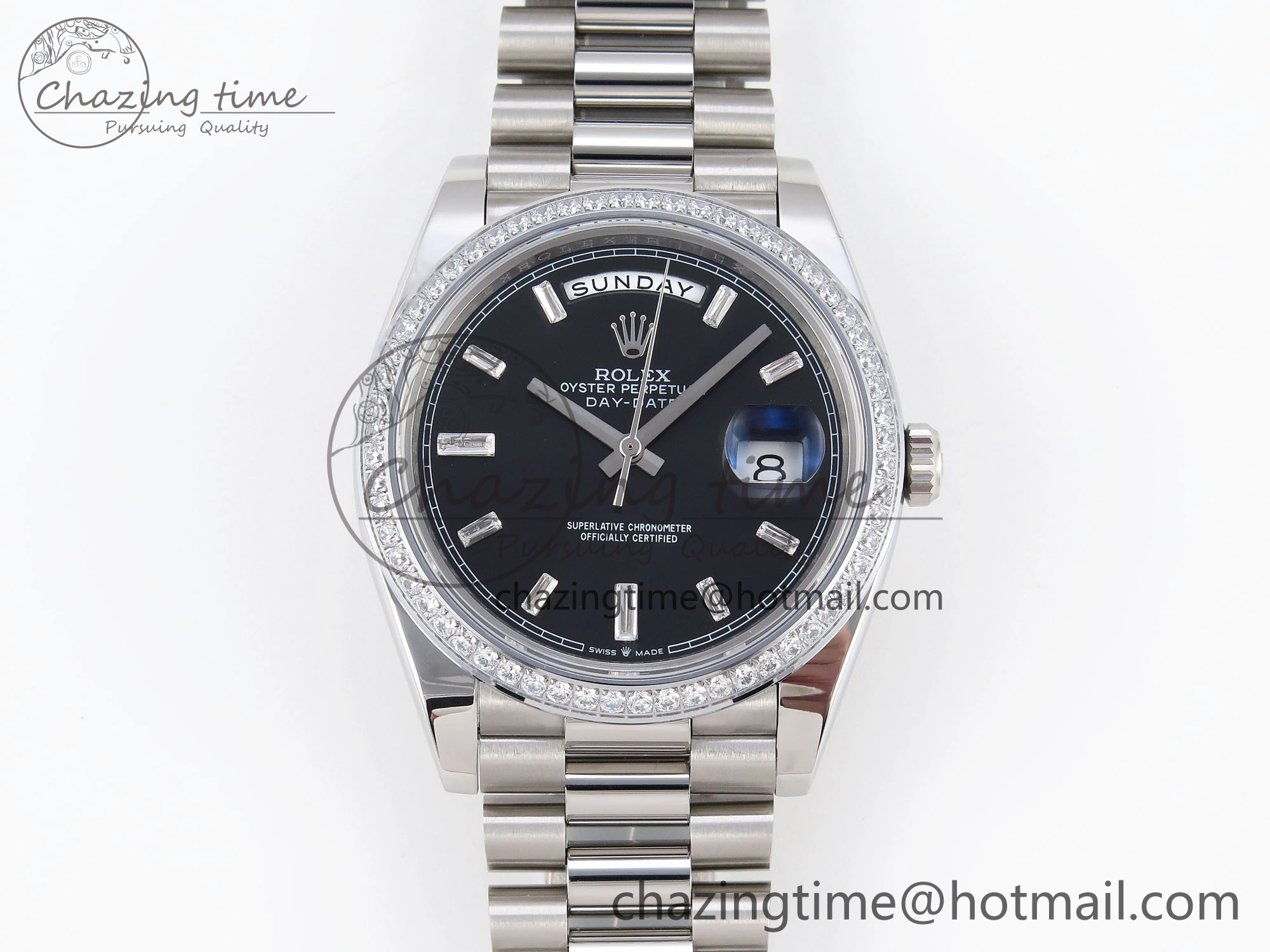 Fashionable DayDate 40 SS GSF Gain Weight Black Crystal Dial Diamonds Bezel on President Bracelet A 1929