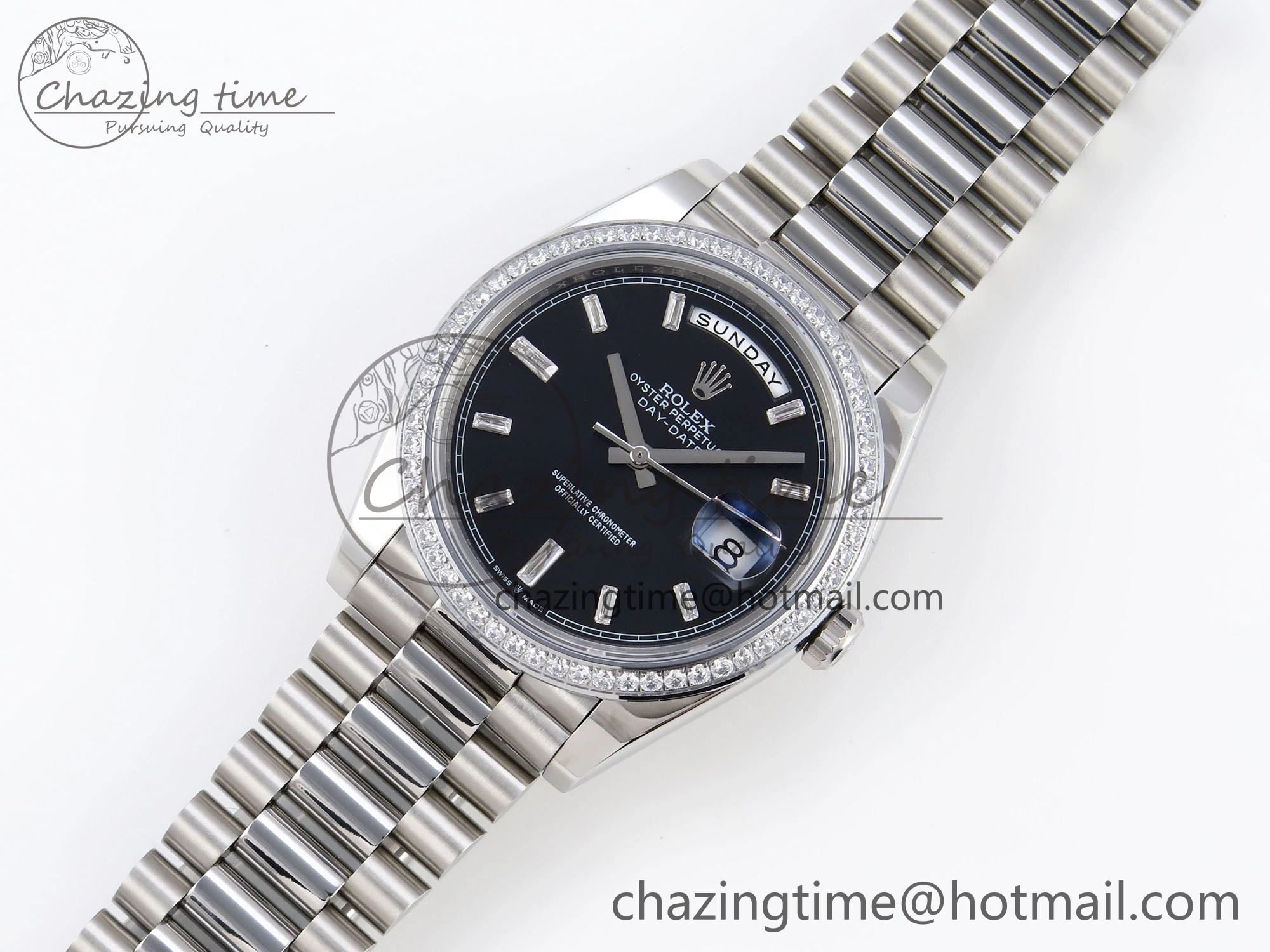 Fashionable DayDate 40 SS GSF Gain Weight Black Crystal Dial Diamonds Bezel on President Bracelet A 1929