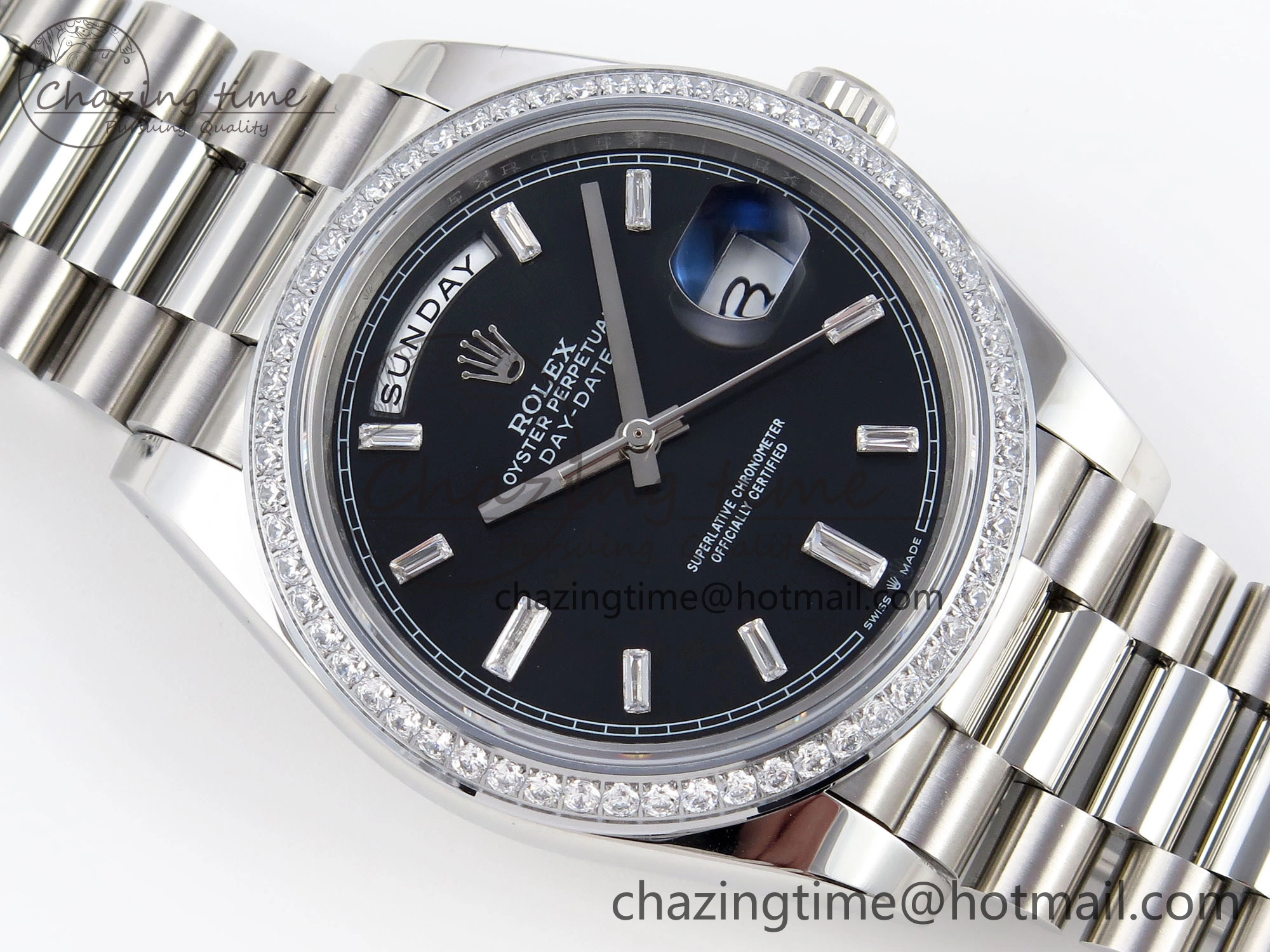 Fashionable DayDate 40 SS GSF Gain Weight Black Crystal Dial Diamonds Bezel on President Bracelet A 1929