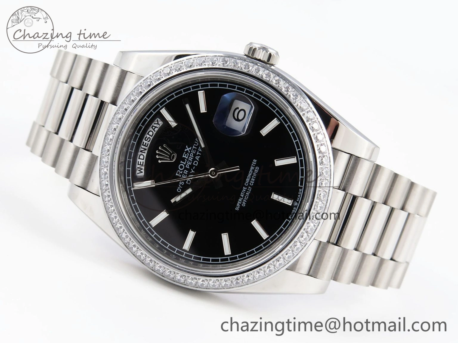 FashionForward DayDate 40 SS GSF Gain Weight Black Stick Dial Diamonds Bezel on President Bracelet A 1919