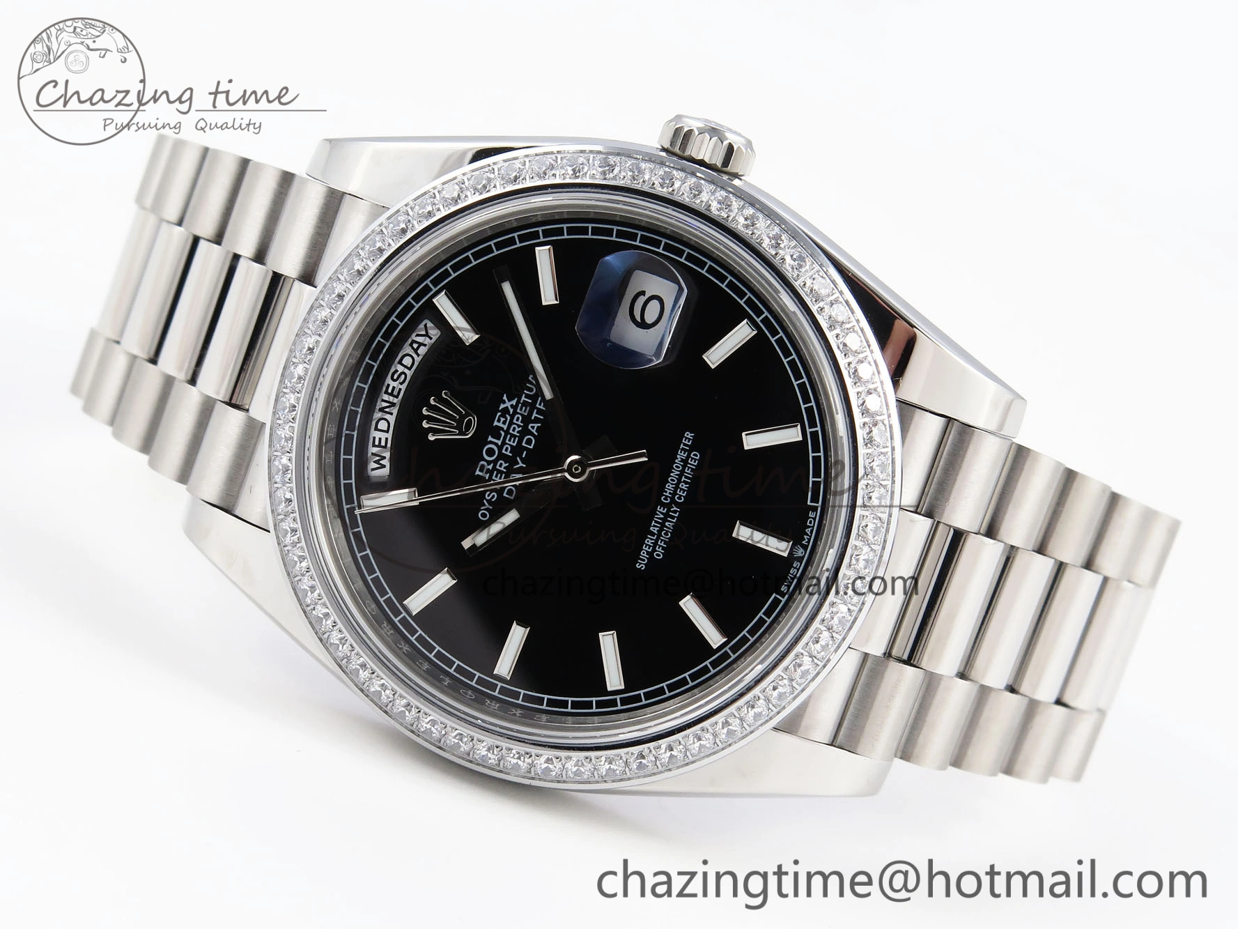 FashionForward DayDate 40 SS GSF Gain Weight Black Stick Dial Diamonds Bezel on President Bracelet A 1919