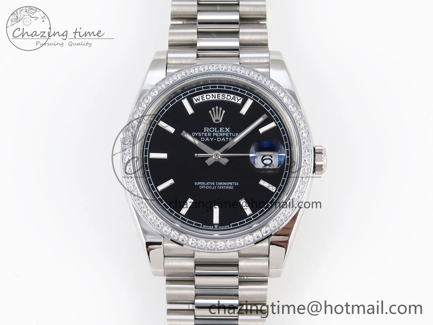 FashionForward DayDate 40 SS GSF Gain Weight Black Stick Dial Diamonds Bezel on President Bracelet A 1919