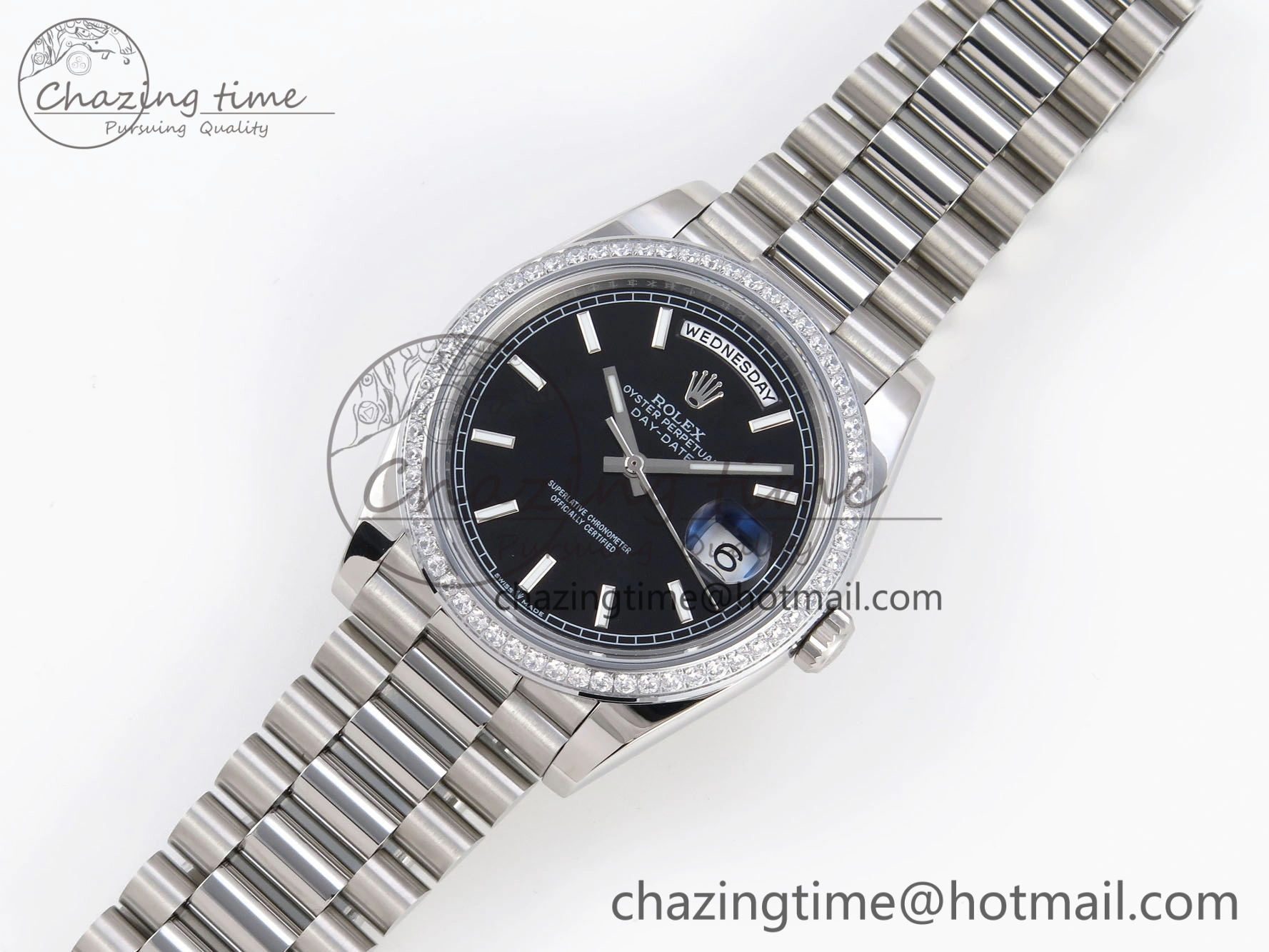 FashionForward DayDate 40 SS GSF Gain Weight Black Stick Dial Diamonds Bezel on President Bracelet A 1919