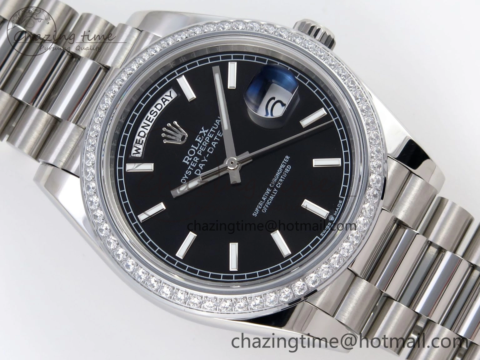 FashionForward DayDate 40 SS GSF Gain Weight Black Stick Dial Diamonds Bezel on President Bracelet A 1919
