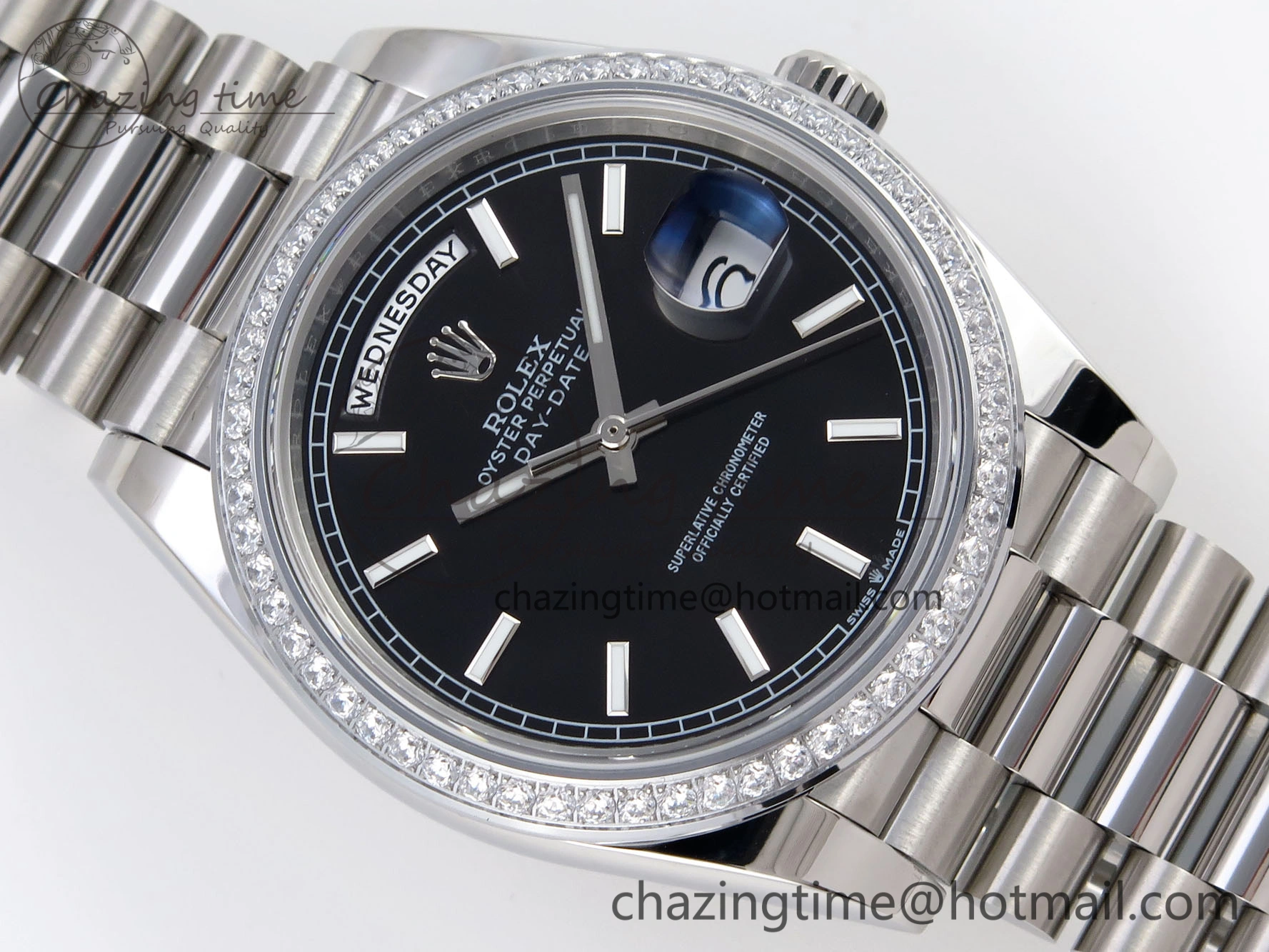 FashionForward DayDate 40 SS GSF Gain Weight Black Stick Dial Diamonds Bezel on President Bracelet A 1919