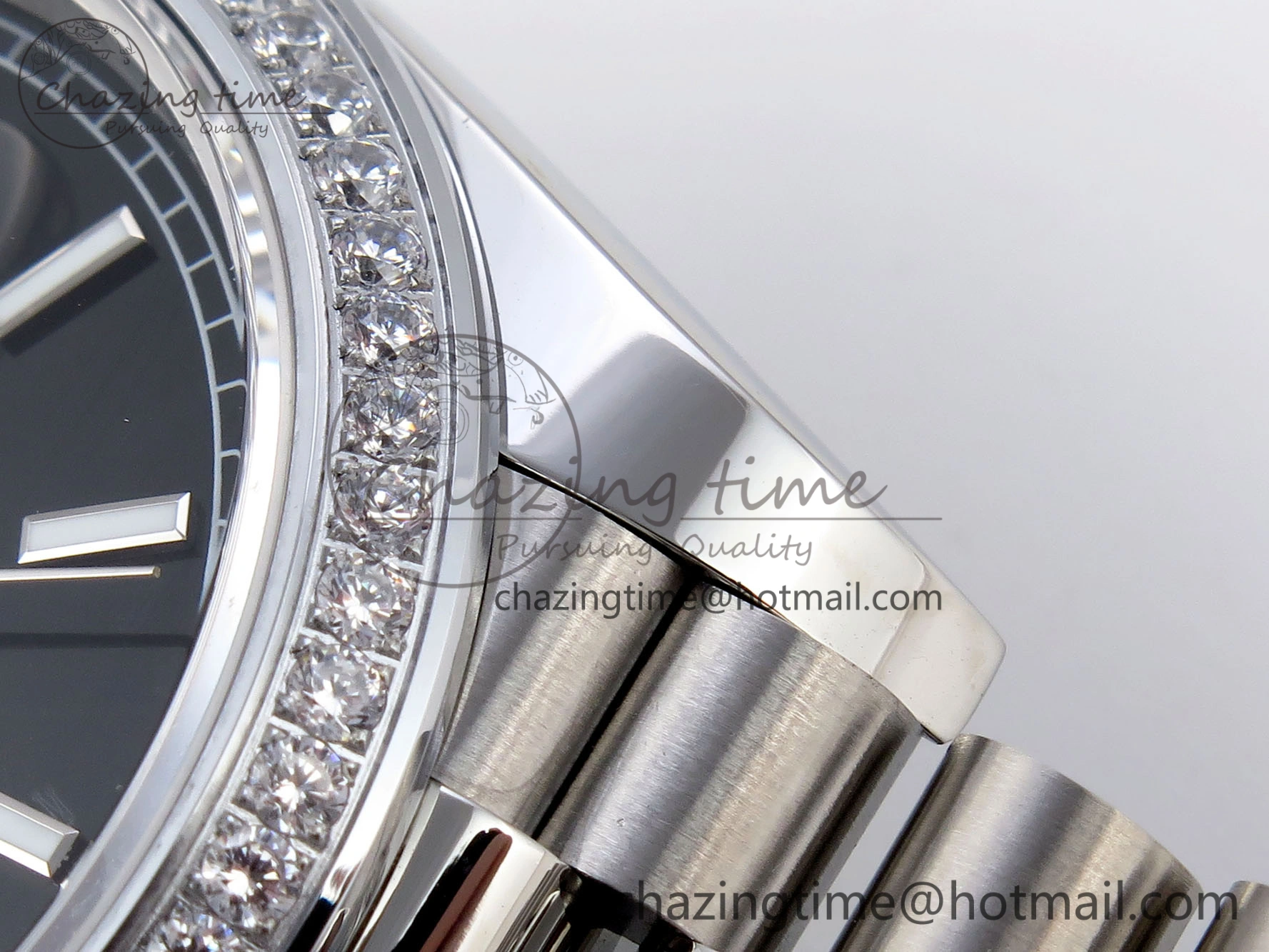 FashionForward DayDate 40 SS GSF Gain Weight Black Stick Dial Diamonds Bezel on President Bracelet A 1919