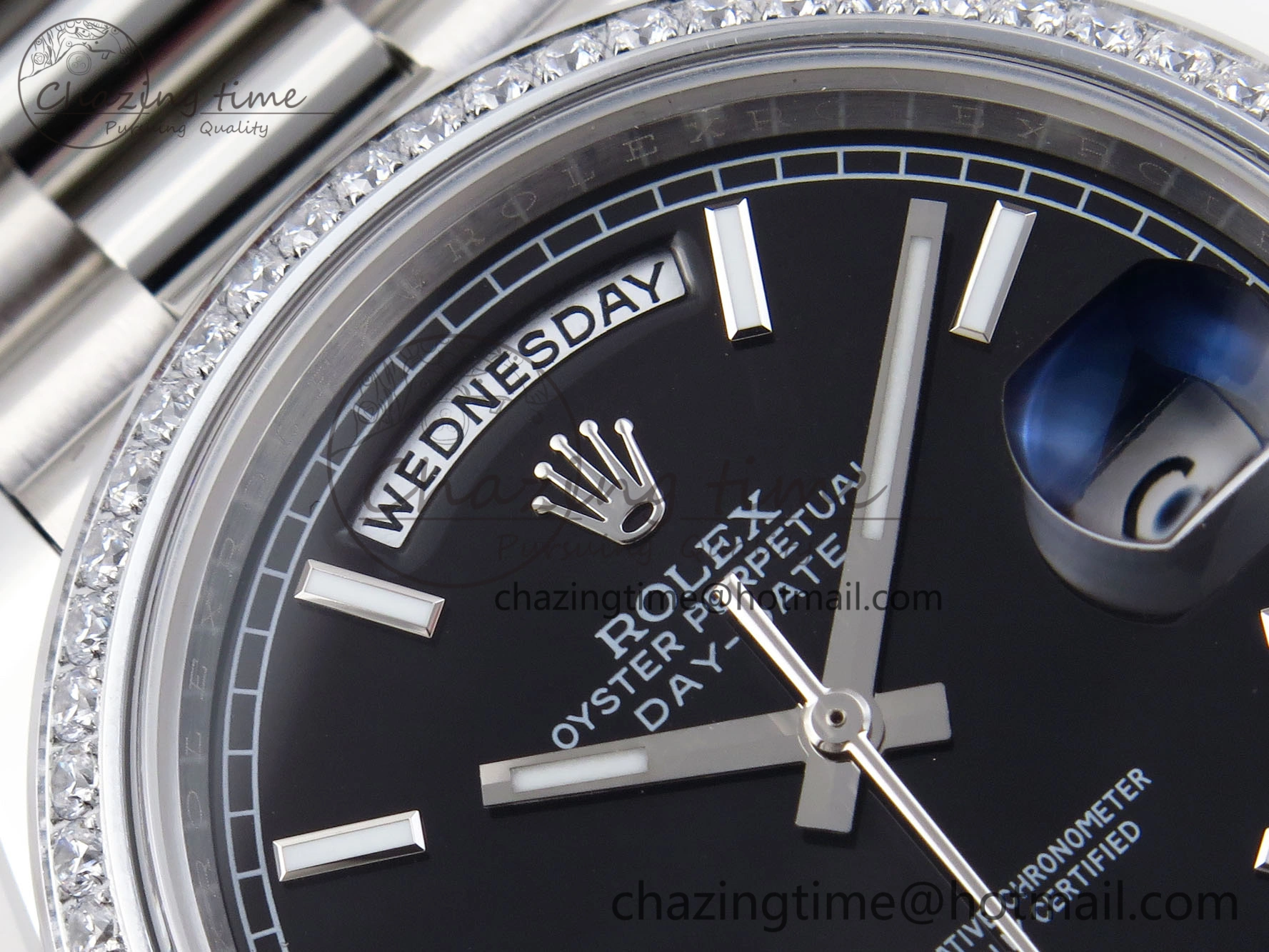 FashionForward DayDate 40 SS GSF Gain Weight Black Stick Dial Diamonds Bezel on President Bracelet A 1919