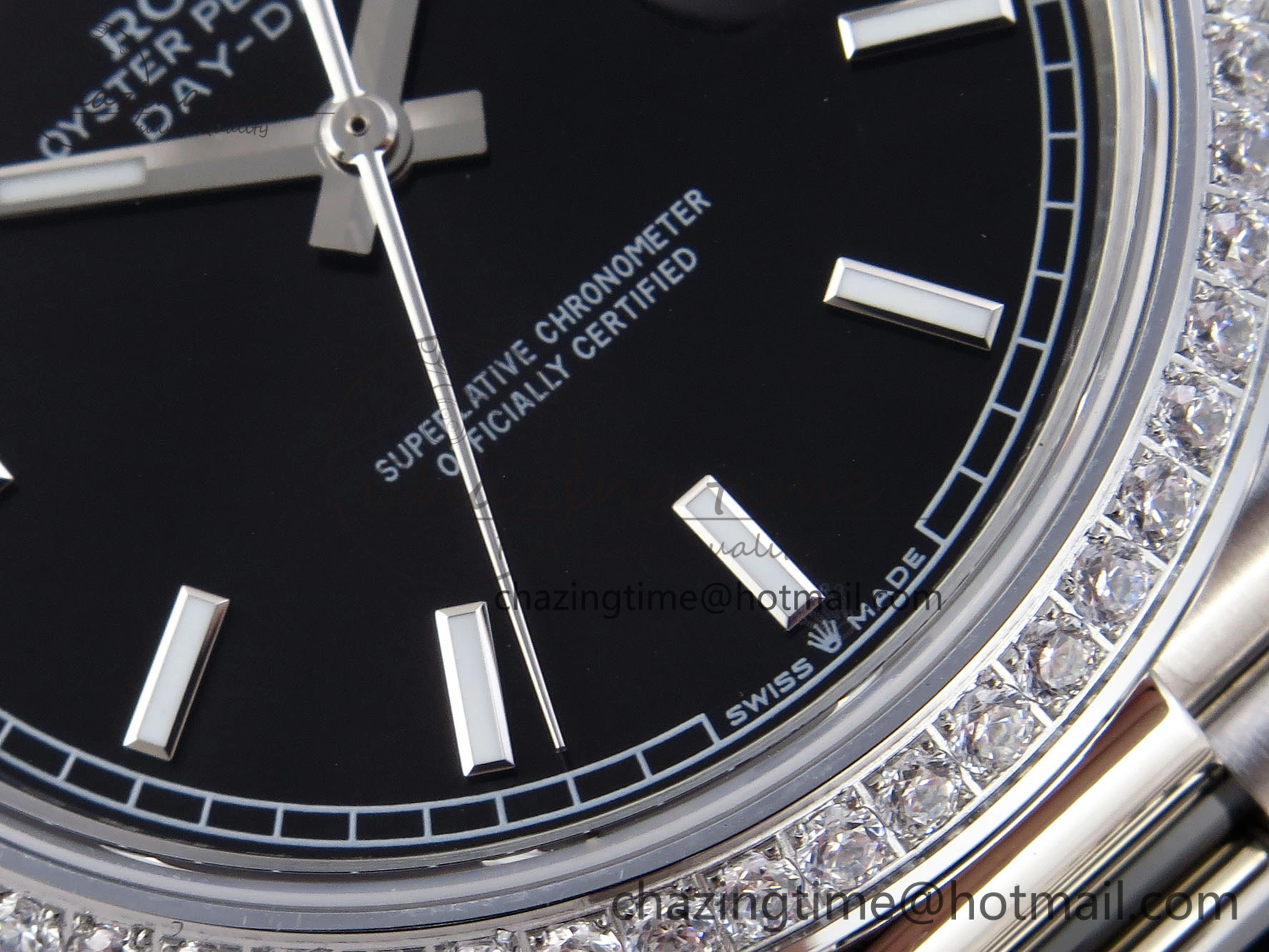 FashionForward DayDate 40 SS GSF Gain Weight Black Stick Dial Diamonds Bezel on President Bracelet A 1919
