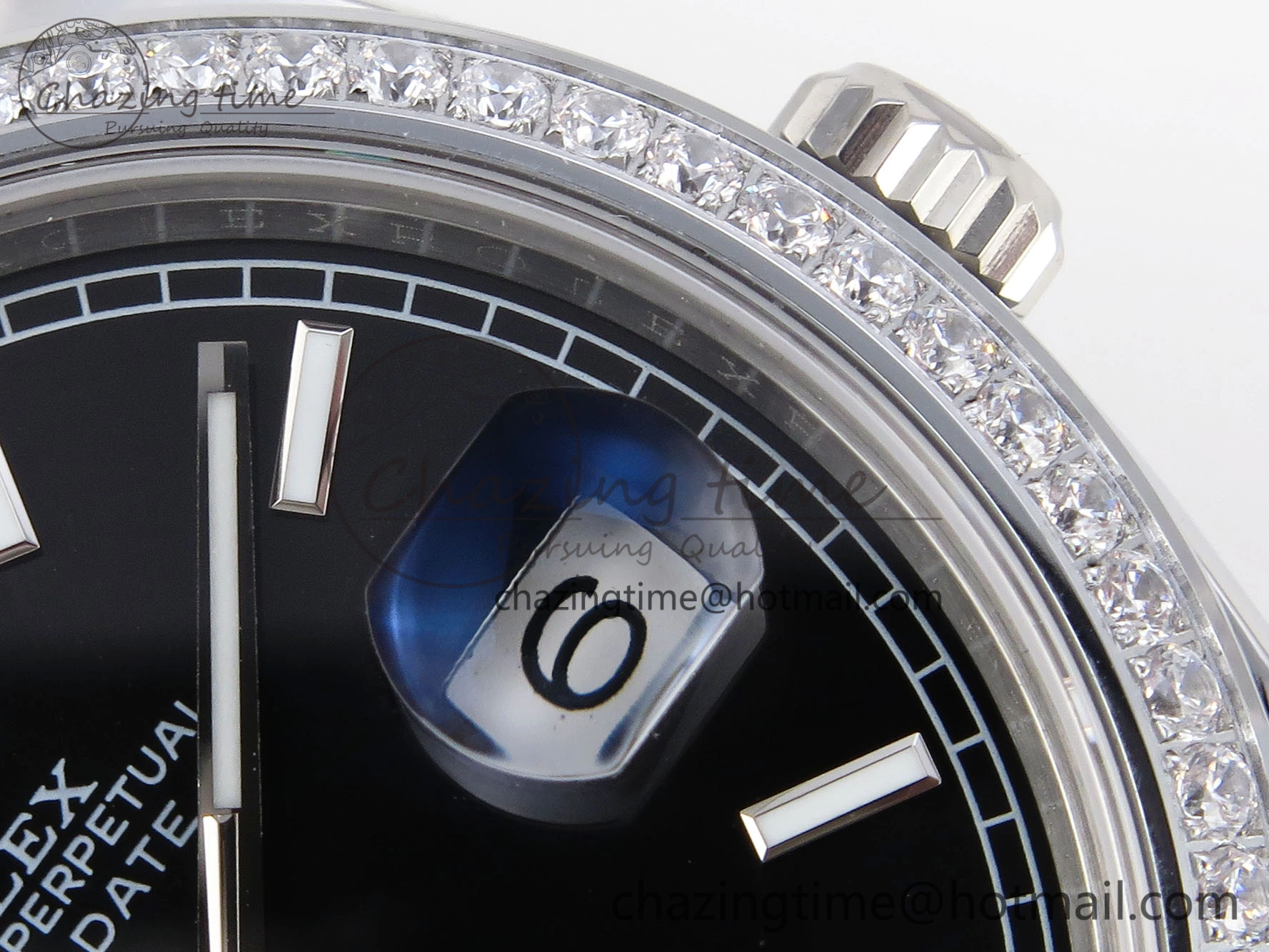 FashionForward DayDate 40 SS GSF Gain Weight Black Stick Dial Diamonds Bezel on President Bracelet A 1919