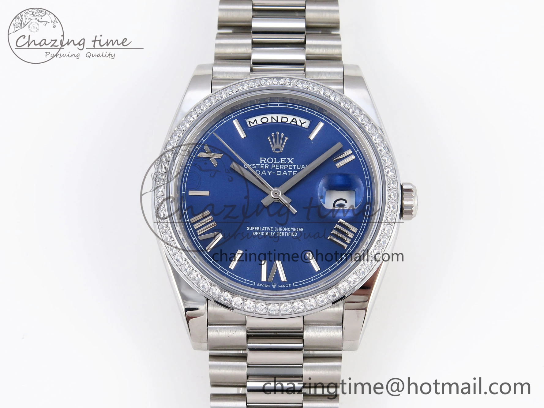 DayDate 40 SS GSF Gain Weight Blue Roman Dial Diamonds Bezel on President Bracelet A Contemporary 1917