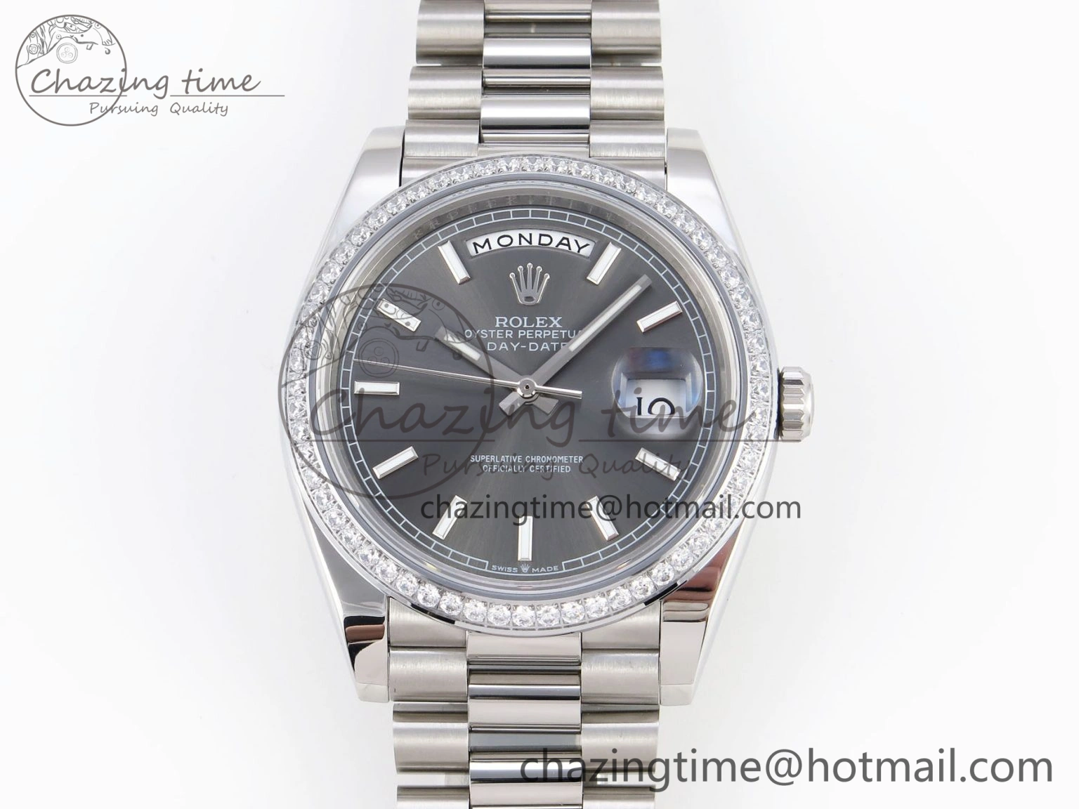 DayDate 40 SS GSF Gain Weight Gray Roman Dial Diamonds Bezel on President Bracelet A MultiPurpose 1926