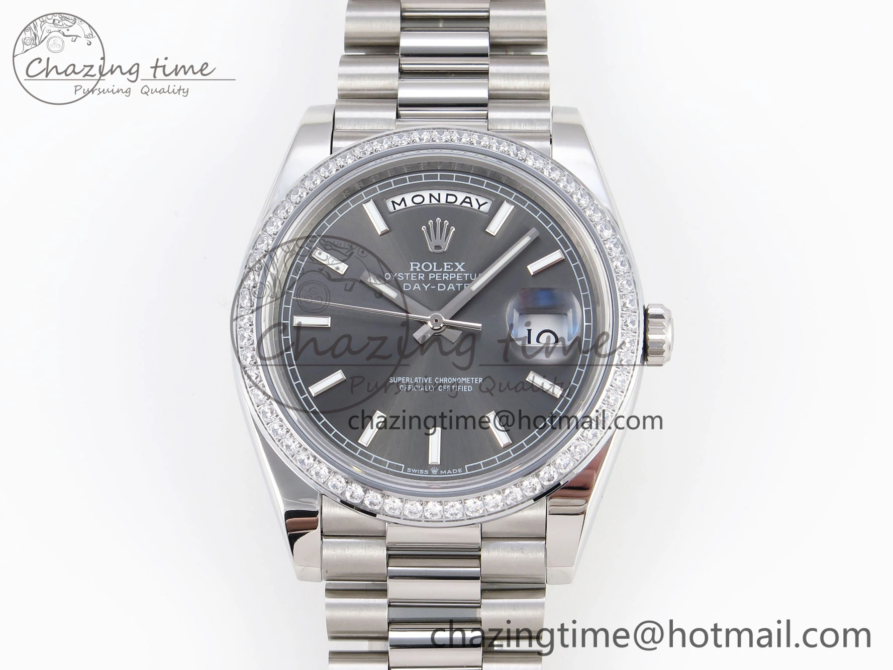 DayDate 40 SS GSF Gain Weight Gray Roman Dial Diamonds Bezel on President Bracelet A MultiPurpose 1926